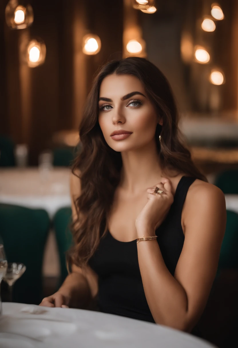 Arafed woman with a white tank top and necklace, Dinner at the restaurant, fille sexy aux yeux verts, Portrait Sophie Mudd, cheveux bruns et grands yeux, selfie of a young woman, Yeux de chambre, Violet Myers, sans maquillage, maquillage naturel, looking straight at camera, Visage avec Artgram, Maquillage subtil, Superbe photo du corps entier, piercing green eyes, Bel angle, pose attrayante, fille mignonne, sexy pose, Image du corps entier, corps entier, Prise de vue du corps entier, brunette goddess, High detail, pose satisfaite, Porter une jupe grise et des bottes, jupe, Bottes