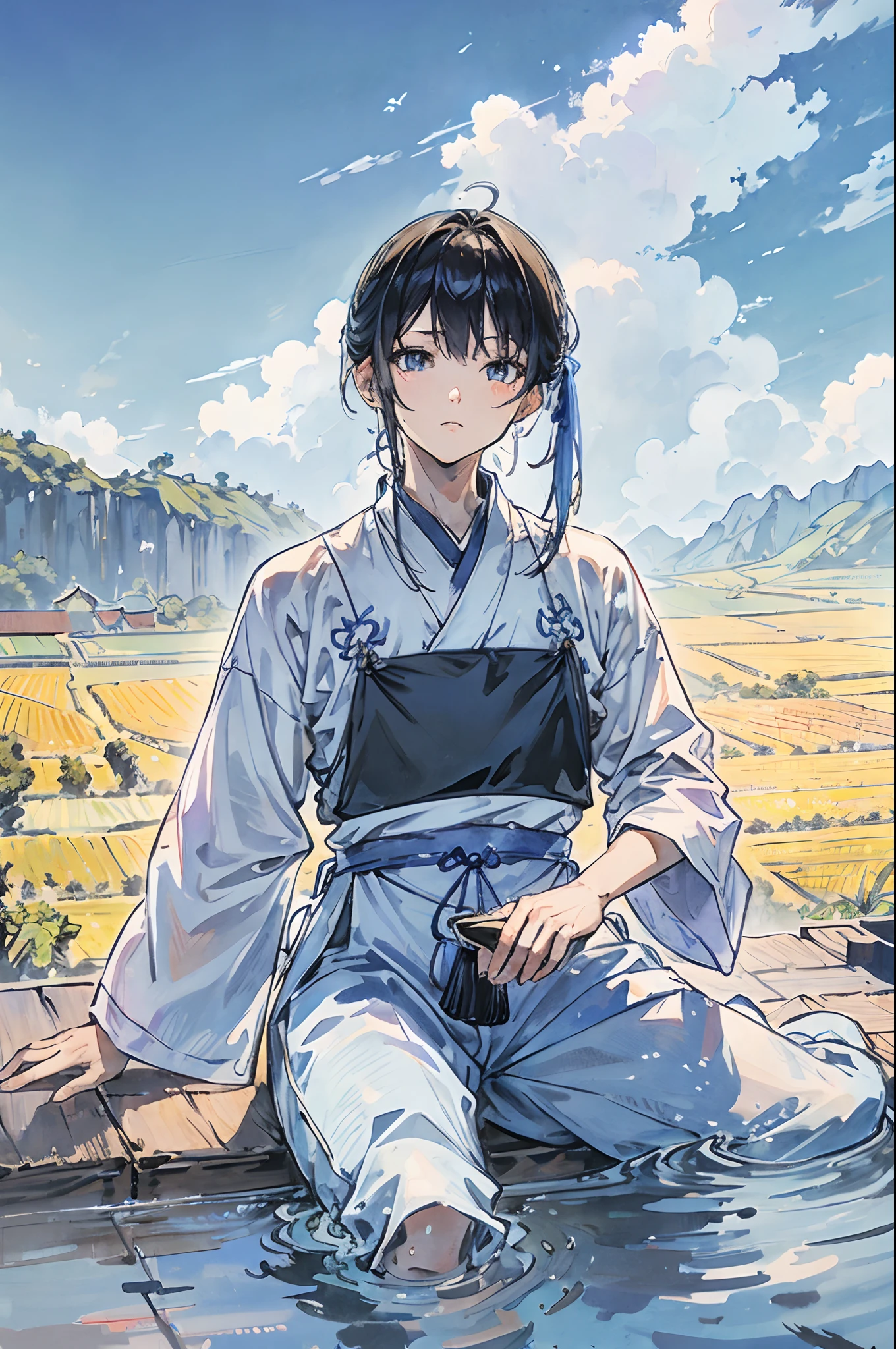 Summer country location、femele(Casual clothing)、blue-sky、夏天、Black Pouch、rice fields