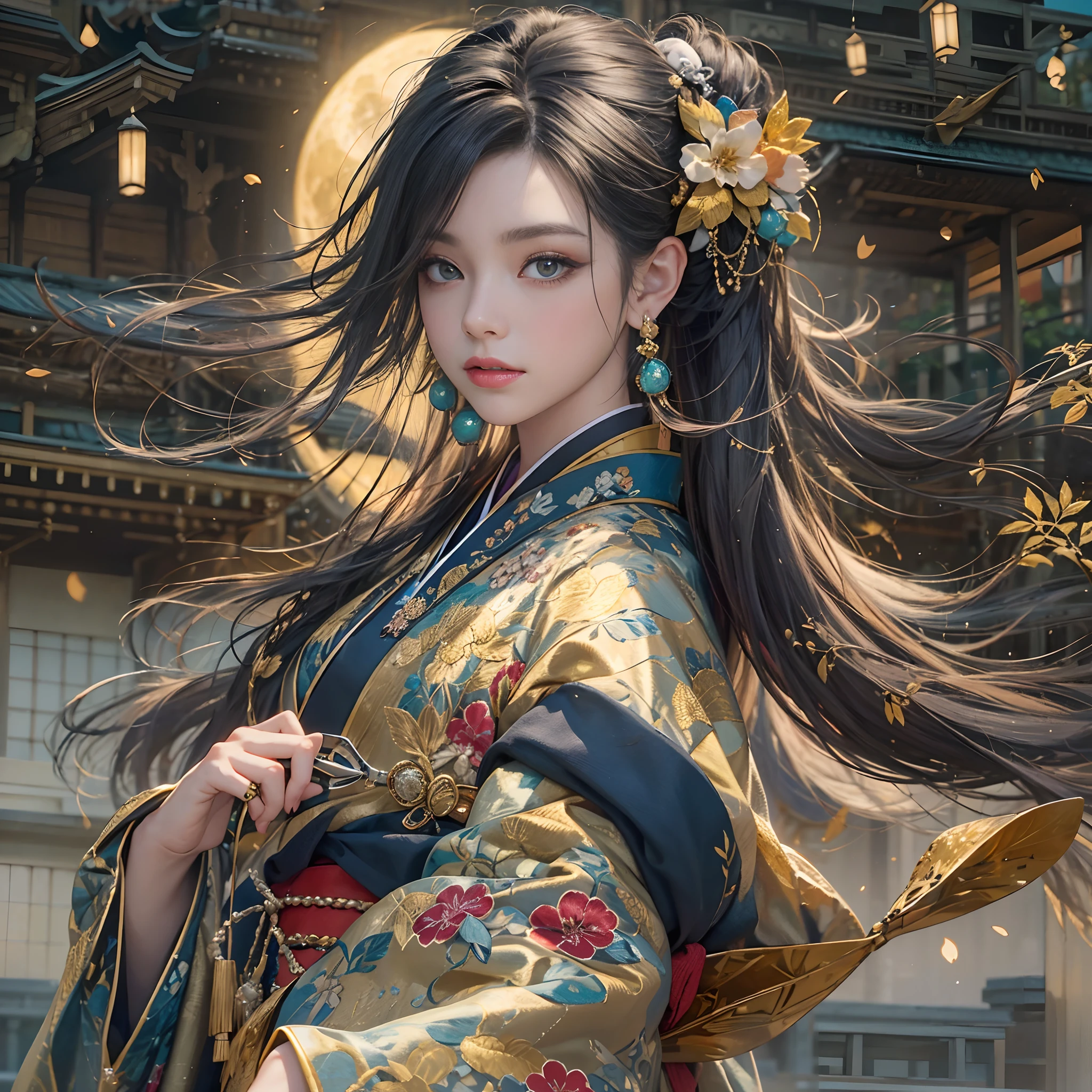 watching at viewers、Ancient capital and moon in the background、poneyTail、Woman with shiny black hair、{{{Luxury kimono(Colorful kimono(Detailed golden embroidery,))}}}、face perfect,Depict a beautiful and graceful woman of Japan。Heart in the eye。full body Esbian。 Wallpaper 8K, .Blur the background with a sickle,((Masterpiece)), ((Best Quality))
