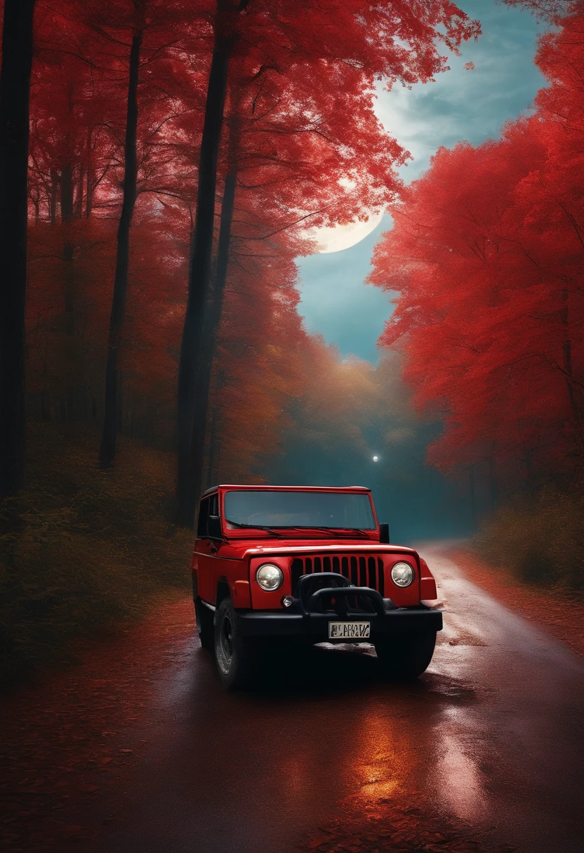 a forest, with a street, red jeep, in the street, at night, add jason from friday the 13th, between the trees, clear sky, with a full moon