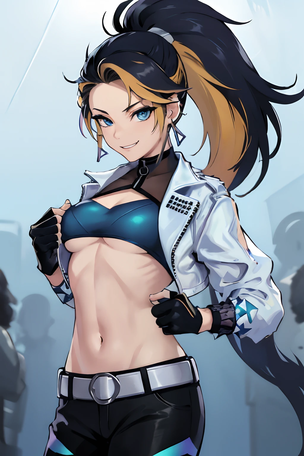 masterpiece, best quality, highres, akali, 1girl, k/da \(league of legends\), solo, (black hair:1.1), blonde hair, (multicolored hair:1.1), jewelry, fingerless gloves, cropped jacket, midriff, earrings, two-tone hair, open jacket, black gloves, black pants, crop top, blue eyes, belt buckle, ponytail, cowboy shot, evil smile, shirt lift, boobs, topless