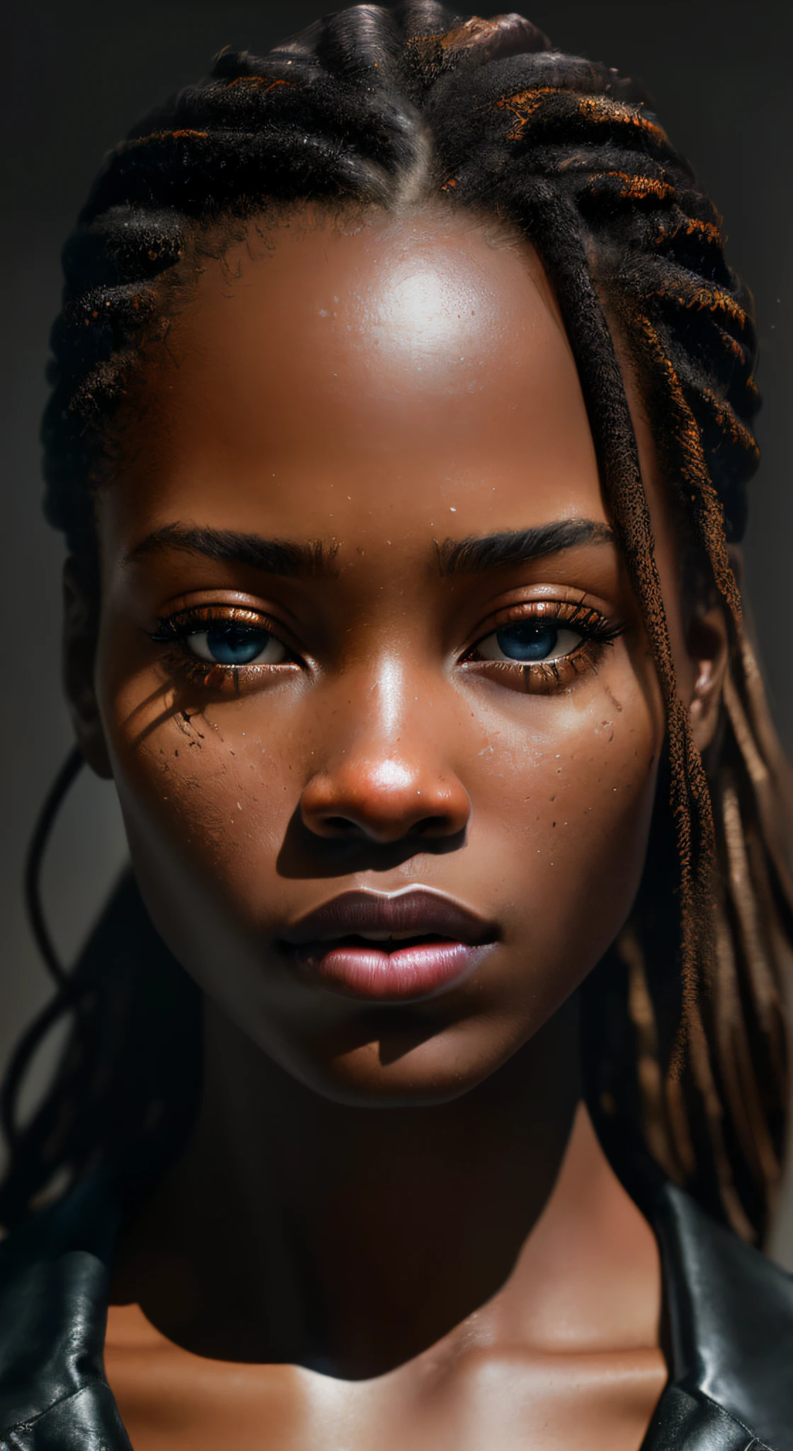 analog style, model photography style, RAW close portrait of a black woman 1, ((beautiful face: 1.7, perfect face: 1.3)), (top: 1.2), best quality, epic (by photo by Lee Jeffries, sony a7, 50 mm , pores: 1.5, colors, hyperdetailed: 1.5, film grain: 1.4, hyperrealistic: 1.5), hyperrealistic texture, masterpiece, unreal engine 5, extremely detailed CG unit 4k wallpaper, realistic eyes, insanely detailed photo, (Winner of Pulitzer Prize for Photography and Taylor Wessing Photographic Prize), front light