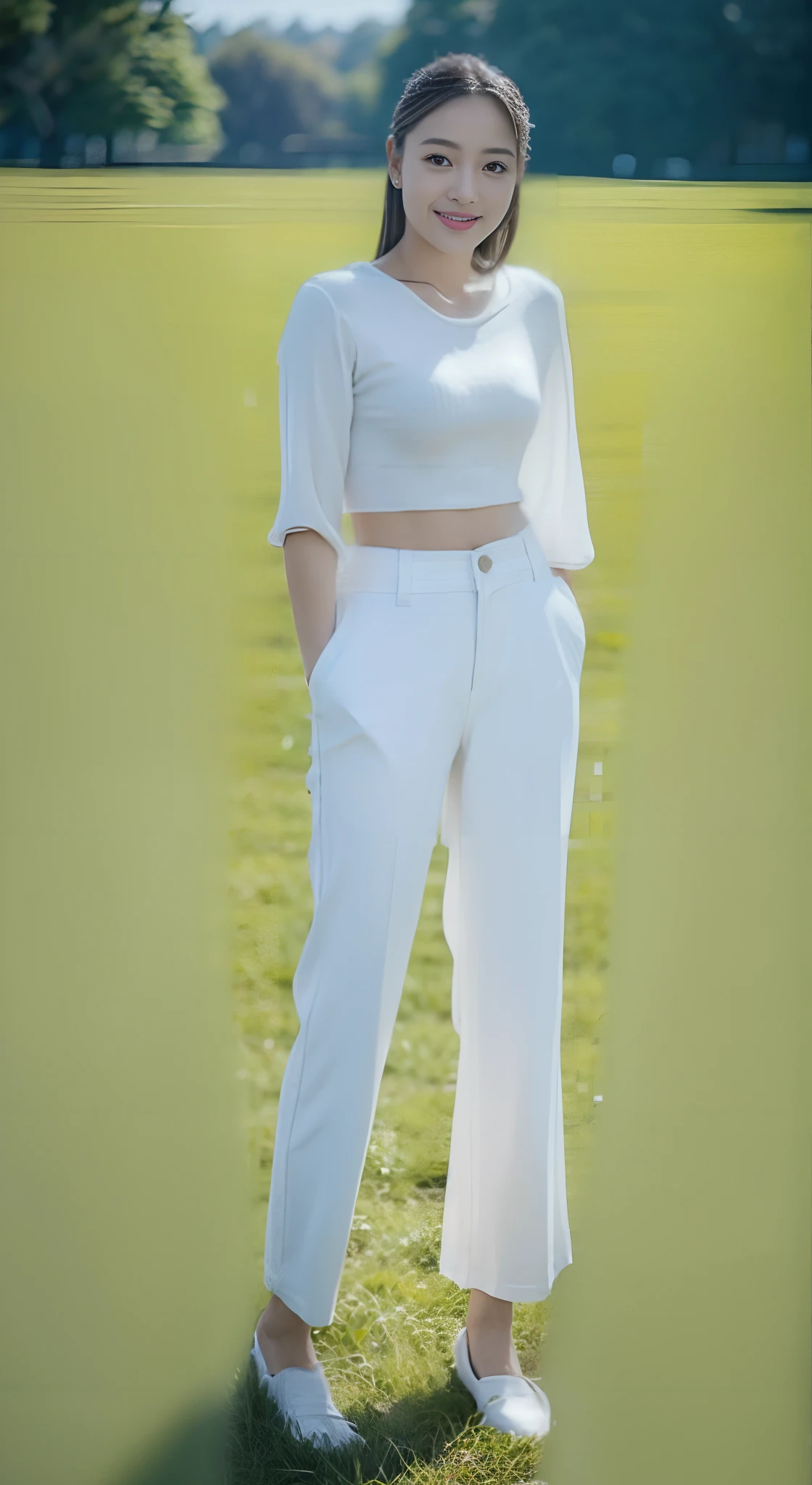 (rain, grassy fields: 1.3), 1 beautiful woman taking pictures on the grass,RAW photos,tmasterpiece,(highdetailskin:1.2),8k ultra high definition,digital SLR camera,gentlesoftlighting,high high quality,filmgrain,富士XT3,20 years old Asian woman,Gray tight-fitting blouse(Slim,Fit snugly to the body)and crop top white slacks(((baggy white pants,casual pants,cargo pants,White semi-perspective))),Detailed clothing details:1.5,perfect body figure,Large,Perfect breasts and nipple bulge,Camel toes,The legs are straight and slender,((Branded fashion travel shoes:1.5)),Super detailed facial details and skin,Whiten face and whiten skin,二重まぶた,Super detailed eyes,A sweet smile,(Gloss on lips, eyeslashes, Glossy face, Best quality, Super high resolution, warm color,Wide lighting, naturalshadow), Play on the grass,Pose coquettishly,Show off your sexy figure, Full body shooting: 1.8