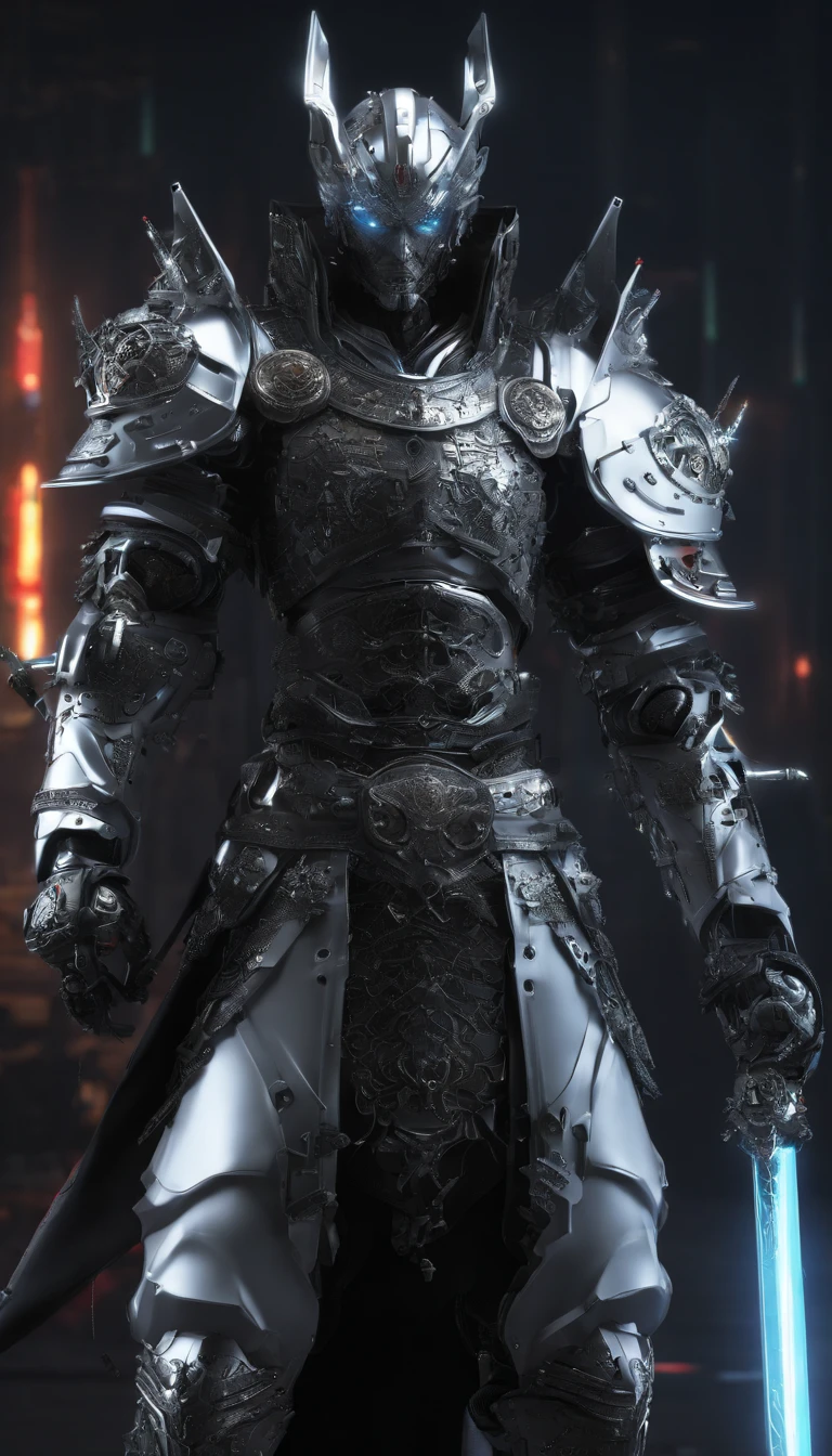 middle aged man, Evil painting style, A high resolution, Black color hair, Half is the body of a demon,Half a demon face, Chinese Warrior, Delicate three-dimensional blue flame demon face, sbeard, Wearing a hat, Expression of anger, Perfect body proportions, kaftan, Black and white robes, A scabbard hangs from his waist, Handsome, Full body view, standing on your feet, (White background:1.3), swordsman, He held a long knife that was wide and heavy in his hand。。。。。。, Face the lens, (Blackn clothes:0.8), High detail, Masterpiece, ccurate, Anatomically correct, Textured skin