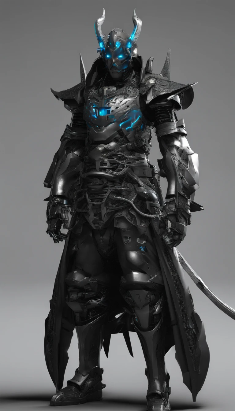 middle aged man, Evil painting style, A high resolution, Black color hair, Half is the body of a demon,Half a demon face, Chinese Warrior, Delicate three-dimensional blue flame demon face, sbeard, Wearing a hat, Expression of anger, Perfect body proportions, kaftan, Black and white robes, A scabbard hangs from his waist, Handsome, Full body view, standing on your feet, (White background:1.3), swordsman, He held a long knife that was wide and heavy in his hand。。。。。。, Face the lens, (Blackn clothes:0.8), High detail, Masterpiece, ccurate, Anatomically correct, Textured skin