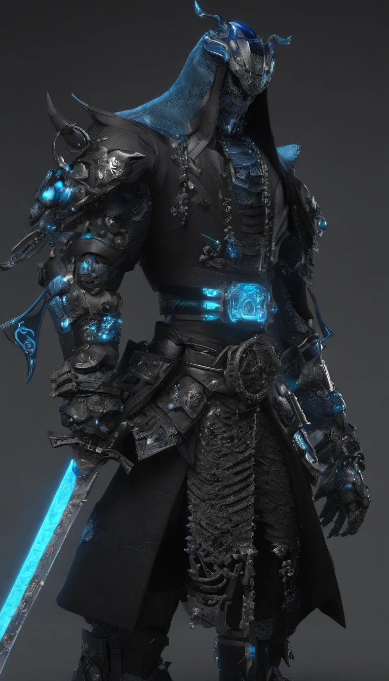 middle aged man, Evil painting style, A high resolution, Black color hair, Half is the body of a demon,Half a demon face, Chinese Warrior, Delicate three-dimensional blue flame demon face, sbeard, Wearing a hat, Expression of anger, Perfect body proportions, kaftan, Black and white robes, A scabbard hangs from his waist, Handsome, Full body view, standing on your feet, (White background:1.3), swordsman, He held a long knife that was wide and heavy in his hand。。。。。。, Face the lens, (Blackn clothes:0.8), High detail, Masterpiece, ccurate, Anatomically correct, Textured skin