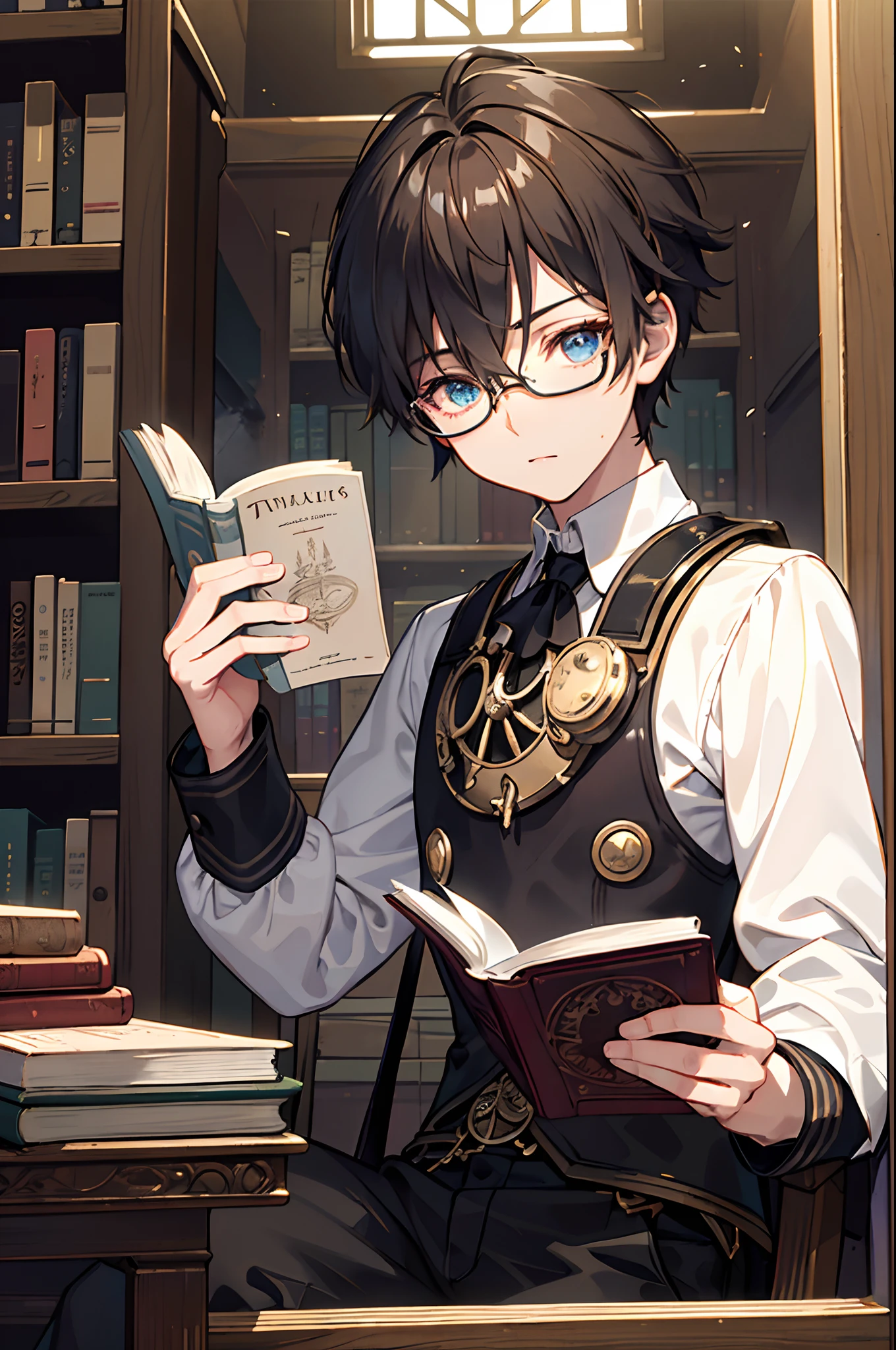 twinks male people eye glass Reading books in the library steampunc masterpiece Top image quality Darken shading(light) Clear Improves skin texture cinematic shadow Increased attractiveness of the eyes Lustrous hair Delicate hair {Perfect face} Clear the shine of the eyes Draw eyelashes neatly