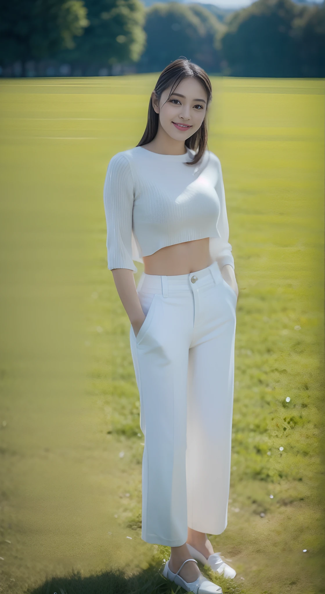 (rain, grassy fields: 1.3), 1 beautiful woman taking pictures on the grass，RAW photos，tmasterpiece，（highdetailskin：1.2），8k ultra high definition，digital SLR camera，gentlesoftlighting，high high quality，filmgrain，富士XT3，20 years old Asian woman，Gray tight-fitting blouse（Slim，Fit snugly to the body）and crop top white slacks（（（baggy white pants，casual pants，cargo pants，White semi-perspective））），Detailed clothing details:1.5，perfect body figure，Large，Perfect breasts and nipple bulge，Camel toes，The legs are straight and slender，（（Branded fashion travel shoes:1.5）），Super detailed facial details and skin，Whiten face and whiten skin，二重まぶた，Super detailed eyes，A sweet smile，(Gloss on lips, eyeslashes, Glossy face, Best quality, Super high resolution, warm color，Wide lighting, naturalshadow), Play on the grass，Pose coquettishly，Show off your sexy figure， Full body shooting: 1.8