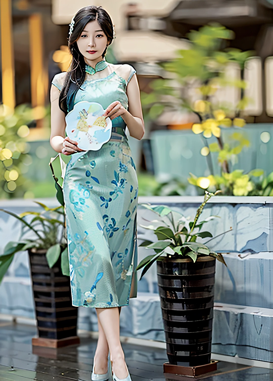 An Alafi woman in a green dress holds a white plate, Cheongsam, Traditional Chinese clothing, wearing a blue qipao dress, Chinese dress, Chinese style, Chinese traditional, in a blue qipao, with acient chinese clothes, soft silk dress, Chinese costume, Women's long skirt, with ancient chinese aesthetic, Wearing ancient Chinese clothes, Chinese painting style