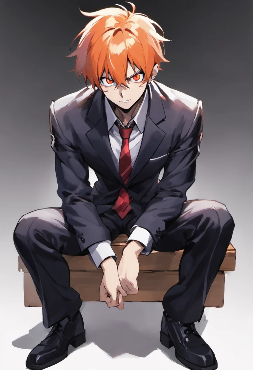 ichigo kurosaki sitting on a bench in a square, looking tired, in a suit, white background