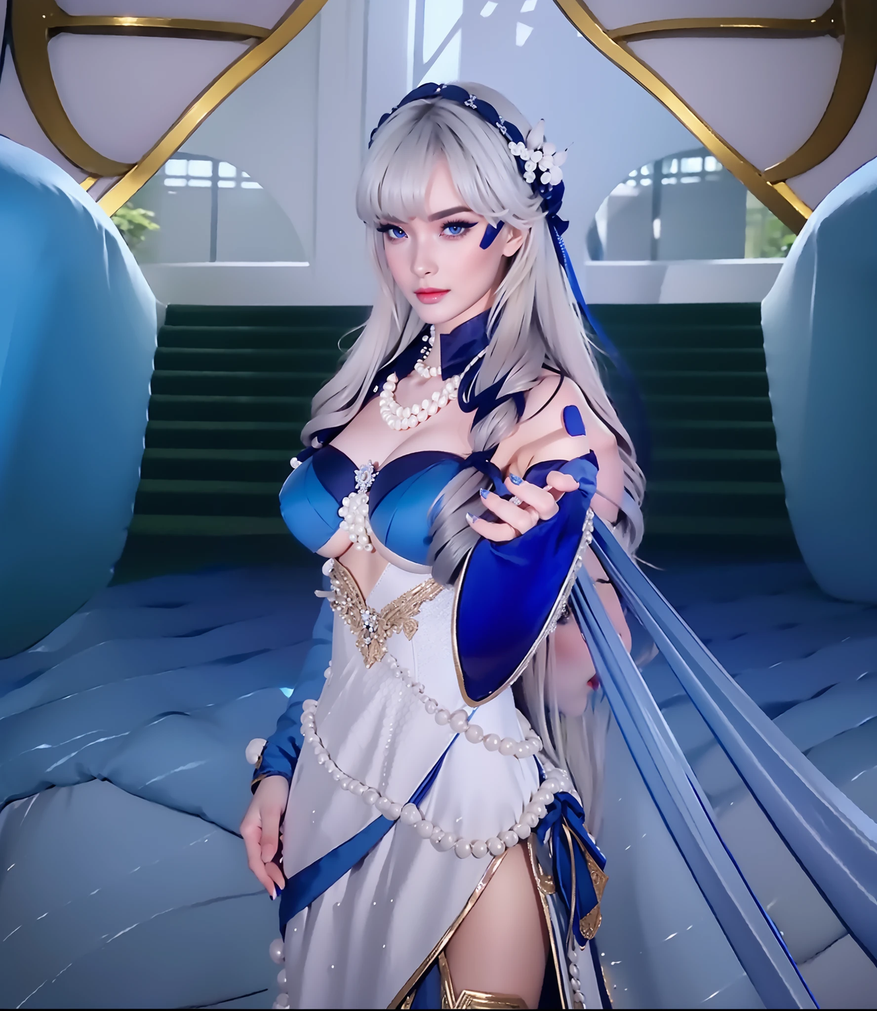 white long hair, pearl necklace, wearing blue navy dress elegant, big breasts, hands reach forward, glare expression, staring intently, 3horn headband, blue nails, photorealistic, masterpiece, 5 finger