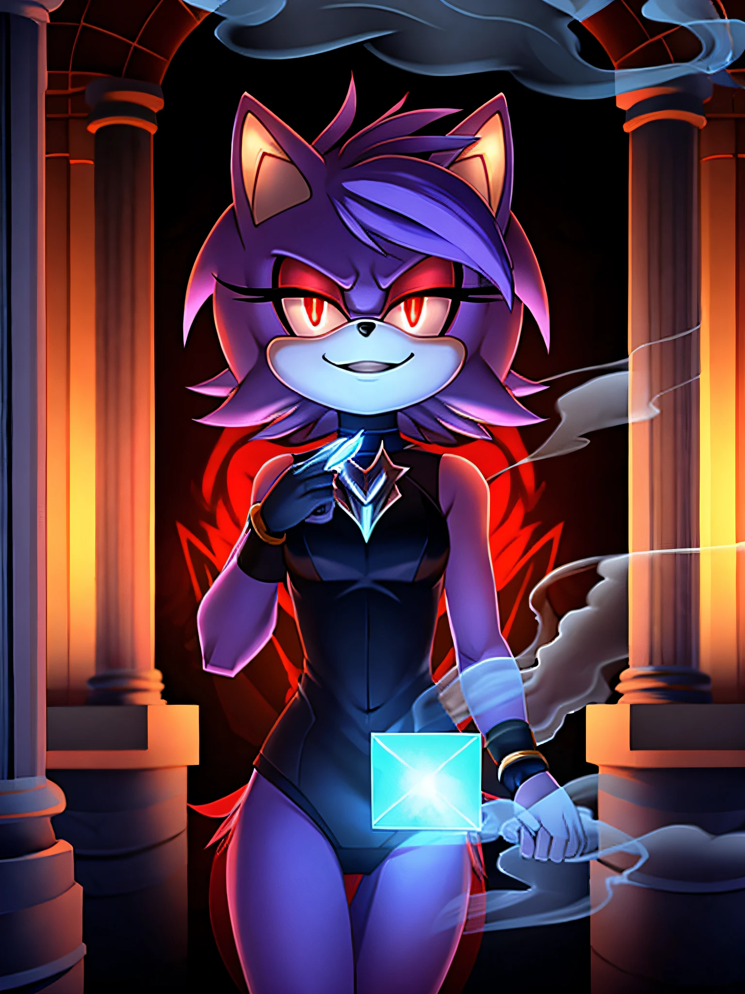 high quality digital art, a furry lavender female anthropomorphic cat from sonic the hedgehog, glowing red eyes, wispy hair, 4 hair plumes that go up like pillars of smoke, made out of smoke, ghost-like, demonic appearance, holding a small glowing metal square in her hand, smiling evilly, malicious look, cloudy misty background, creepy, stunning visuals