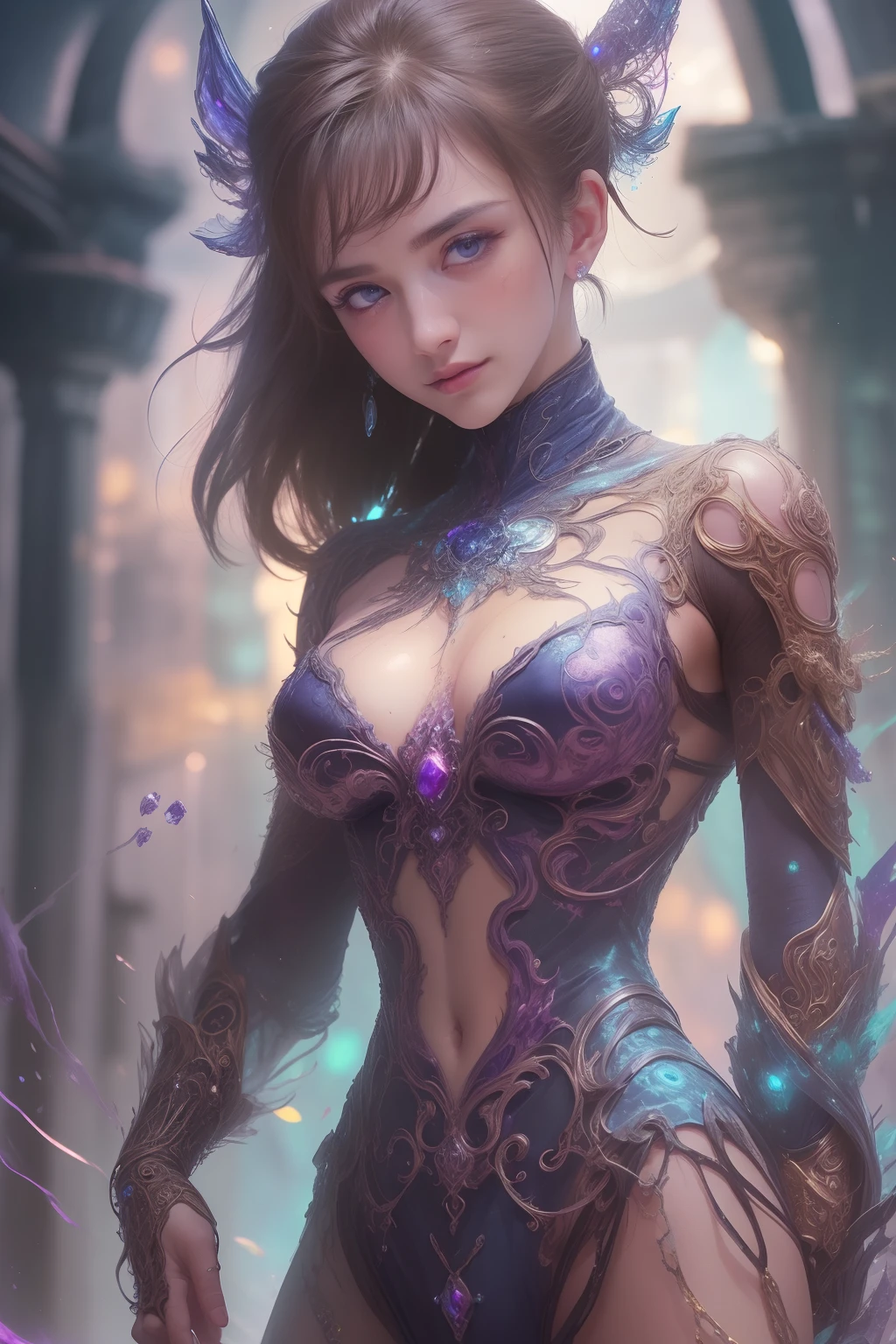 (Expression of ecstasy:1.2), From Side, Photorealistic, Official art, Unity 8k wallpapr, 8K Portrait, Best Quality, Very high resolution, (Incredibly beautiful nature background:1.6), One girl, One beautiful teenage italian girl, sixteen years old, Obscene, (Sexy and glamorous:1.1), (A coquettish expression:1.6), (small breasts with raised pink areolas,,:1.6), Vulgarity, (seductively smiling:1.2), (full body1.0), (erotic posing:1.5), (Magic Attack Pose:1.6),(magical effects like sparkles or energy:1.5), (Electric shock from hands:1.1), (Detailed blue bodysuit with beautiful fractal or marble design:1.5), (Beautiful and d delicate ruby, topaz, emerald and sapphire jewelry:1.45), Beautiful seductive face, Portrait, (Thick eyebrows:1.2), (Big purple eyes:1.2), Beautiful eyes with fine symmetry, (Ultra detailed eyes:1.4), (High resolution eyes:1.1), Intimate face, (ultra detailed skin texture:1.4), White skin, pale skin, Perfect Anatomy, Thin, (Beautiful toned body:1.1), Hair Bow, (Moist skin:1.1), full of sweat, No makeup, dark circles, Good anatomy, Focus Face, goodlooking, (Emilia Clark:0.6) (Emma watson:0.3),(Jennifer Connelly:0.4), (sensual face:1.5), Elegant face, Nice, Dolce, Cyberpunk Sci-Fi, (Gauntlets with intricate and beautiful designs:1.2), Blurred background, Blurred foreground, depth of fields, (Motion Blur:1.1), Complex and colorful biomechanical bodysuit, Zentangle, mandalas, Entangled, (Small breasts:1.2), Sheer breast, (Beautiful:1.2), (NSFW:1.2), large hips, drivel, Juice stain, grabbing on breasts,