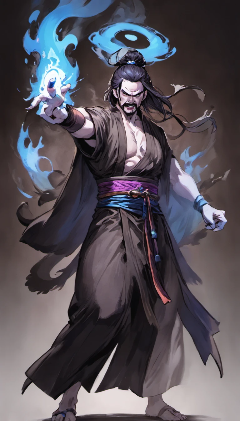 middle aged man, Evil painting style, A high resolution, Black color hair, Half is the body of a demon,Half a demon face, Chinese Warrior, Delicate three-dimensional blue flame demon face, sbeard, Wearing a hat, Expression of anger, Perfect body proportions, kaftan, Black and white robes, A scabbard hangs from his waist, Handsome, Full body view, standing on your feet, (White background:1.3), swordsman, He held a long knife that was wide and heavy in his hand。。。。。。。, Face the lens, (Blackn clothes:0.8), High detail, Masterpiece, ccurate, Anatomically correct, Textured skin