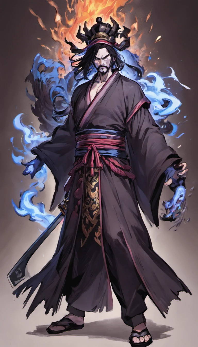 middle aged man, Evil painting style, A high resolution, Black color hair, Half is the body of a demon，Half a demon face, Chinese Warrior, Delicate three-dimensional blue flame demon face, sbeard, Wearing a hat, Expression of anger, Perfect body proportions, kaftan, Black and white robes, A scabbard hangs from his waist, Handsome, Full body view, standing on your feet, （White background：1.3）, swordsman, He held a long knife that was wide and heavy in his hand。。。。。。。, Face the lens, （Blackn clothes：0.8）, High detail, Masterpiece, ccurate, Anatomically correct, Textured skin