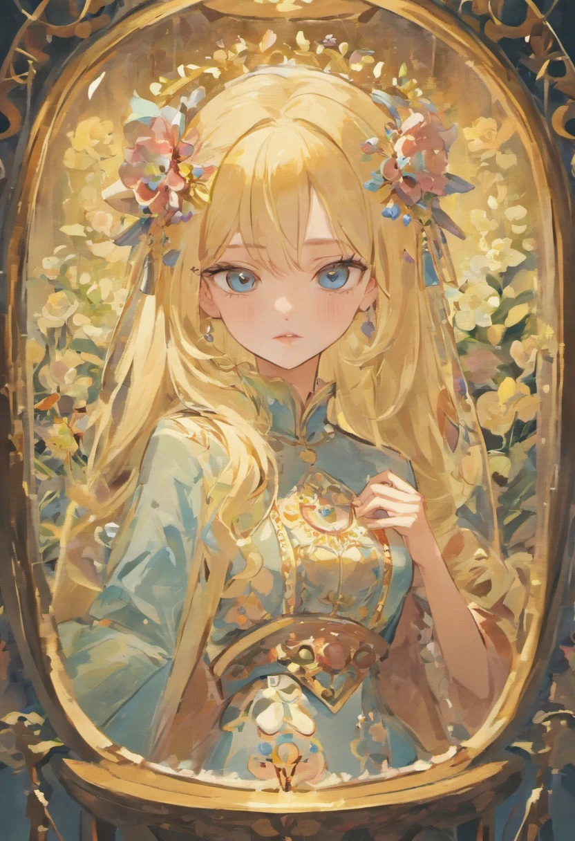 A woman sits in a huge makeup case,hold a flower, princess portrait, Guviz-style artwork, blond-haired princess, portrait of princess, Guviz, kazakh empress, portrait of a princess, portrait of princess zelda, in the art style of bowater, Baroque fluffy skirt,Fantasy art style, beautiful fantasy maiden,Exquisite and perfect facial features,美丽细致的眼睛,long eyelasher,Delicate eyeliner,Blue eyes,Dark pupils,There are bright spots in the eyes,almond eyes,Beautiful lip details,8K high-definition,anatomy correct,Oil painting thick painting style
