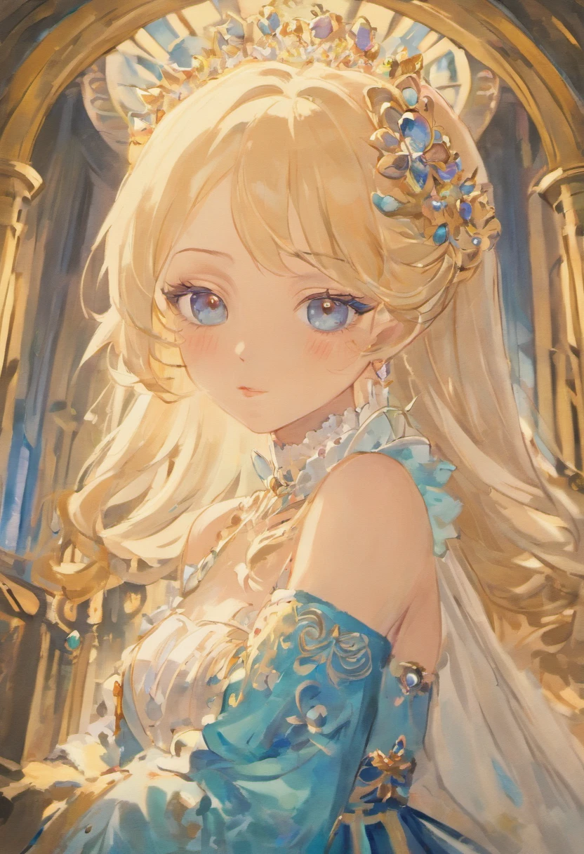 A woman sits in a huge makeup case,hold a flower, princess portrait, Guviz-style artwork, blond-haired princess, portrait of princess, Guviz, kazakh empress, portrait of a princess, portrait of princess zelda, in the art style of bowater, Baroque fluffy skirt,Fantasy art style, beautiful fantasy maiden,Exquisite and perfect facial features,美丽细致的眼睛,long eyelasher,Delicate eyeliner,Blue eyes,Dark pupils,There are bright spots in the eyes,almond eyes,Beautiful lip details,8K high-definition,anatomy correct,Oil painting thick painting style