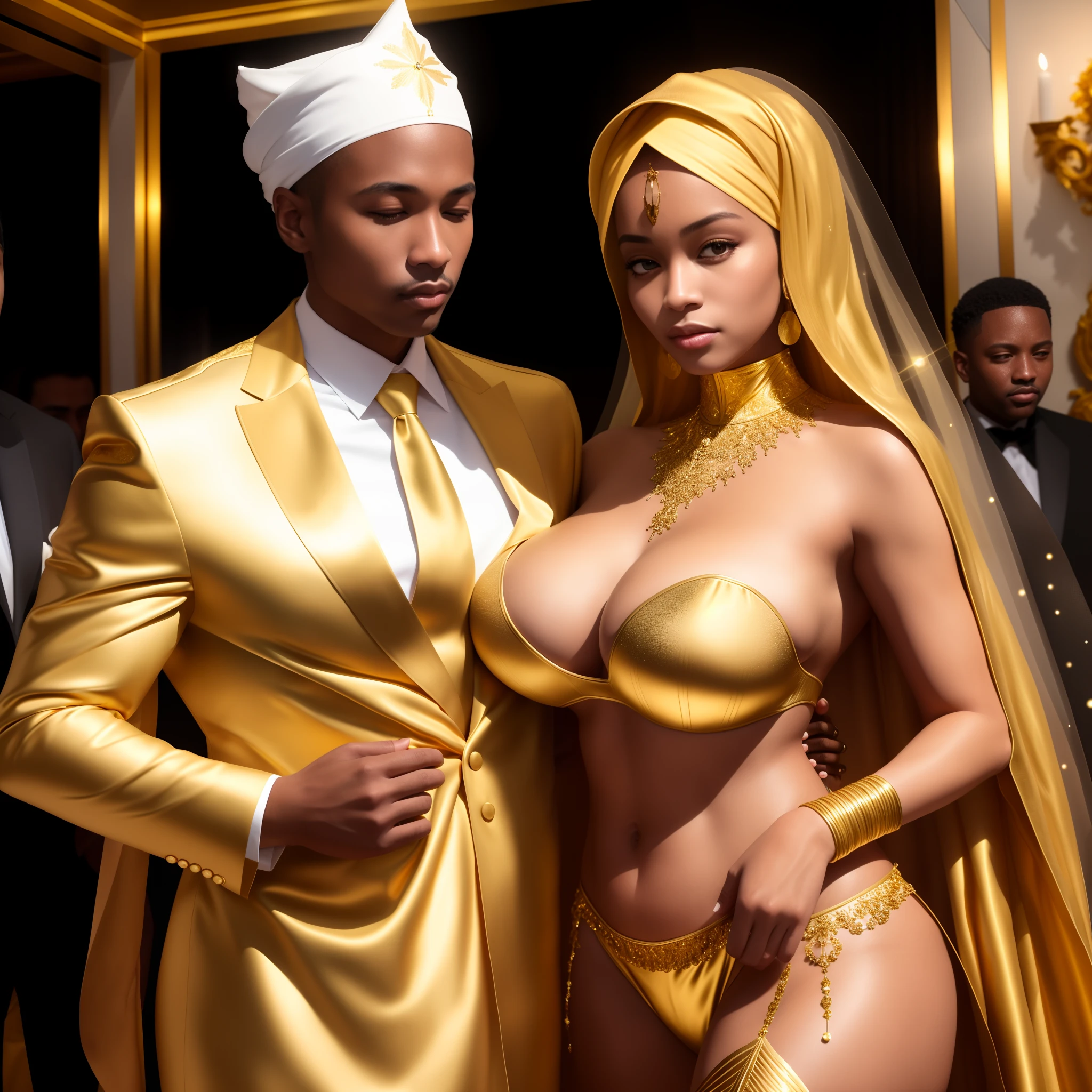 there is a man and woman dressed in gold posing for a picture, realistic gold, gold suit, elegant gold body, elegant gold skin, gold and white robes, band of gold round his breasts, golden robes, gold theme, smooth gold skin, draped in gold, golden-white robes, gold clothes, draped in shiny golden oil, gold skin