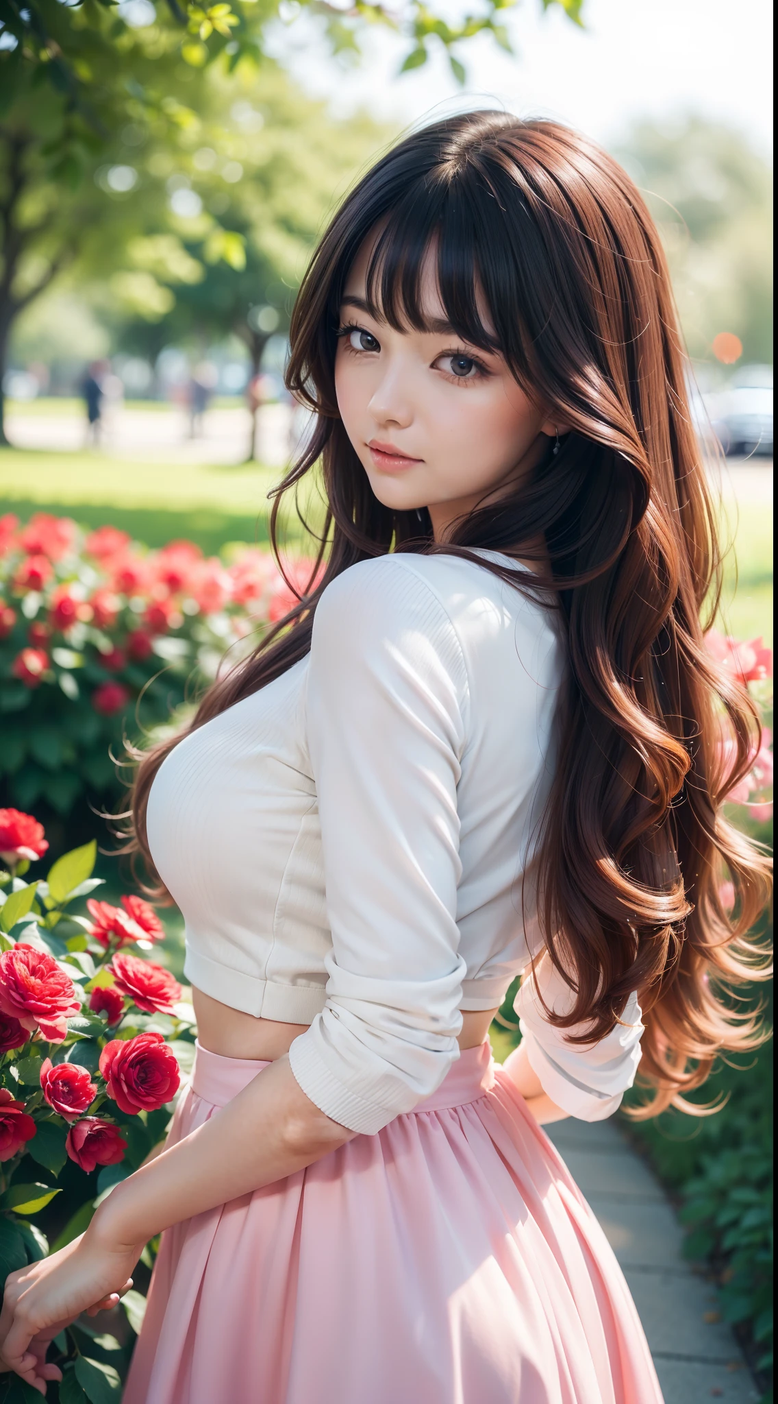 (Best quality,high resolution,Ultra-detailed:1.2),Beautiful white to red gradient wavy curls fluttering in the breeze, Vibrant flowers in the background of the park, Close-up shot,