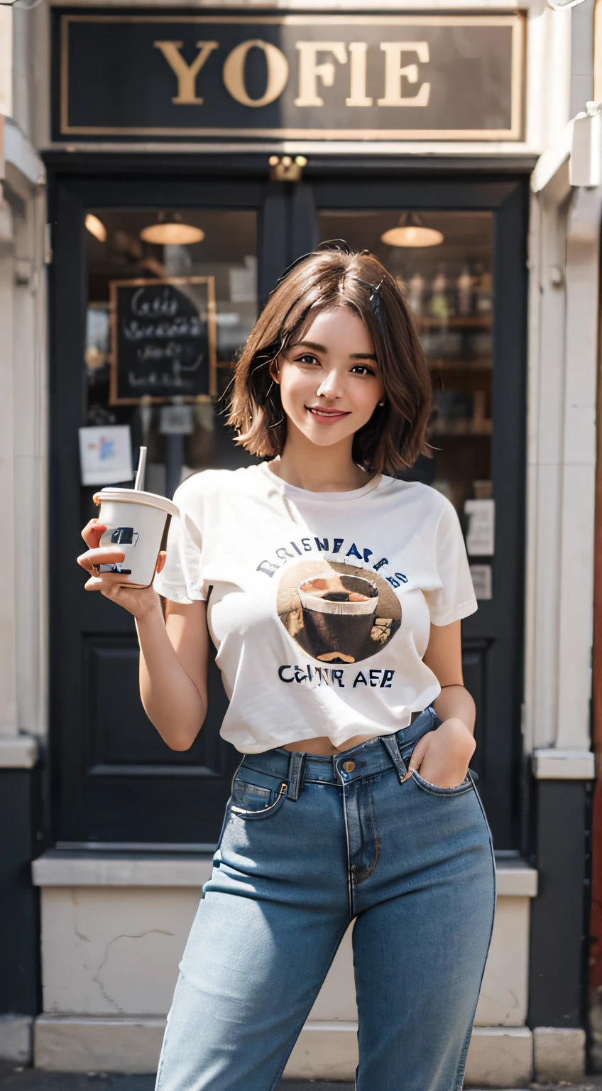 1 jolie fille，peau blanche，cheveux bruns，Pantalon plus court，Regarder le spectateur，queues de cheval，coffee shop，yeux bruns，Realstic，Pose courbe，Gros coffre，Huge chickadee，sourire，poitrine basse