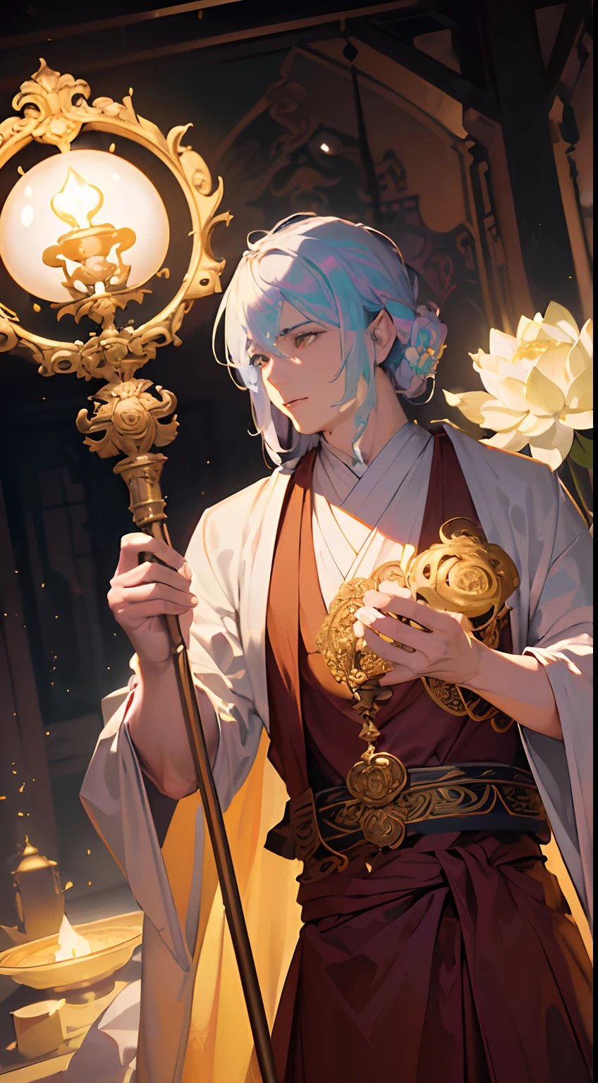 (((full length photograph))), (front view:1.5), (looking at the viewers:1.6), ((a man hoding a ornate staff:1.8)), (((monk))), (eastern mountain monk:1.6), (wrapped in luminous white lotus flowers:1.3), (flowy white robe:1.2), production art, (cold light source:1.2), (Firefly:1.2), mysterious and dark background, (buddha silhouett in background:1.1), lamp, some candles in floor, reflection, the bright lotus flowers falling from the sky, intricate details, volumetric lighting, ((realistc:1.2)), ((masterpiece:1.2)), ((best quality)), 8k, ultra-detailed, (dynamic composition:1.4), highly detailed, colorful details,(iridescent colors:1.2), (glowing lighting, atmospheric lighting), dreamy, magical, (solo:1.2).