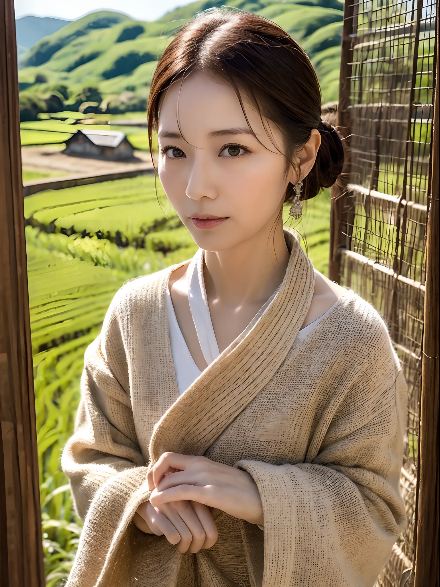 masterpiece、top-quality、1人の女性、Grandpa、old women、Master、70yo、japanes、Rice field background