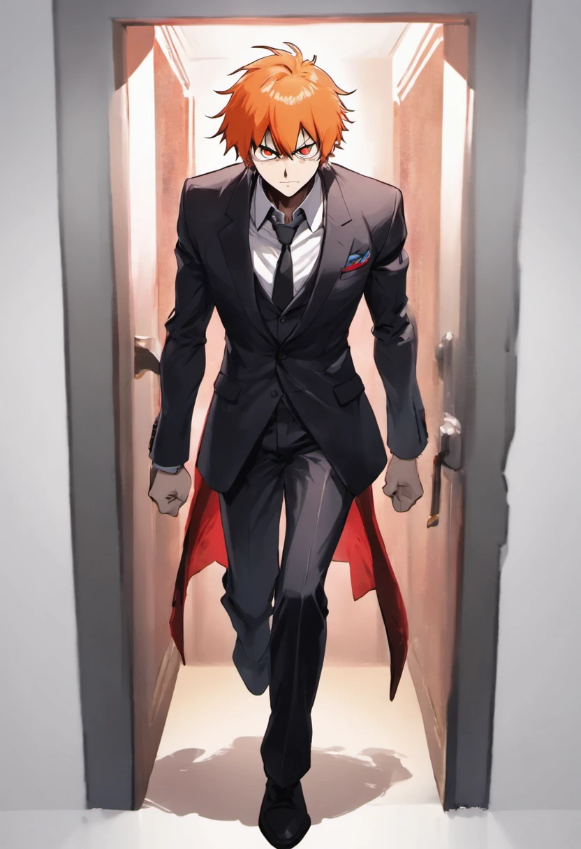 ichigo kurosaki entering the door into a room, looking tired, in a suit, white background