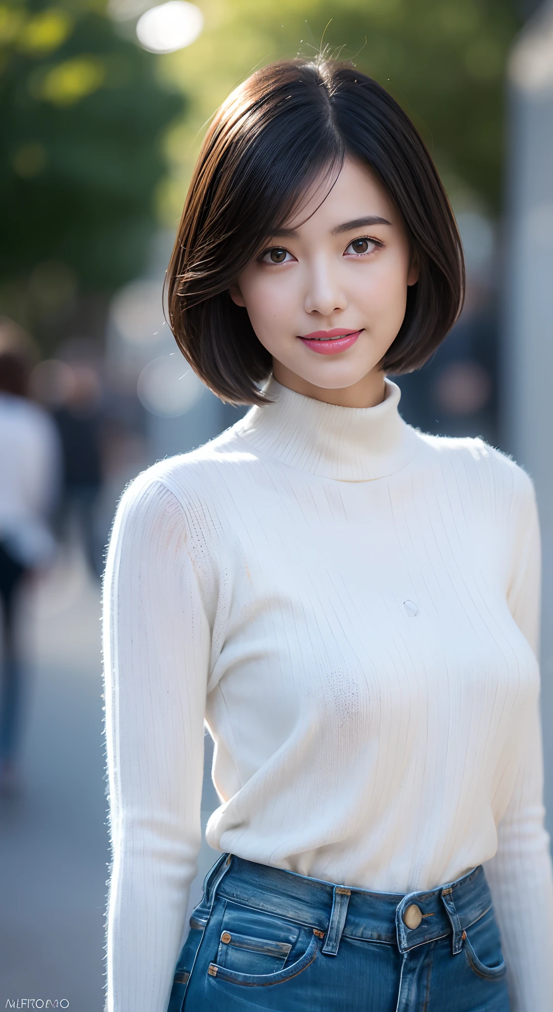 (skin blemish:1.2), (skin indentation), dark circles, 1womanl, 25 age old, (((woman))), Solo, Realistic, Best quality, Photorealistic, Mastery, 8K, A high resolution, Solo, Extremely detailed face, (Professional lighting,Bokeh),(light particules,lens flare glow,Luminous Particle:0.6),(dynamicposes:1.2),gentlesoftlighting,Top corner view,Trendy atmosphere,jpn,the street,城市,toyko,ports,((In the daytime)), Skysky, ((looking at viewert:1)), (looks into camera), opulent, lovemaking,Dignified standing,Show off your figure,The posture is diverse, keep original facial proportion, Shave your shoulders, full bodyesbian, (Bigchest), (short detailed hair,bobo head), A brown-haired, Hair is delicate and soft,Fluttering, cparted lips, lipsticks, Seductive smile, ssmile, Open-mouthed, teeth, (Blue skinny sweater), (Wash blue)(skintight jeans),detailed outfits:1.5, eyeslashes, birthmark, (Moles under eyes: 1),Legs are well-proportioned, Slender and fair,A pair of lotus ankles are white and tender,without wearing shoes,Beautiful feet with meticulous details,Focus on the chest,standing on your feet,fully body photo