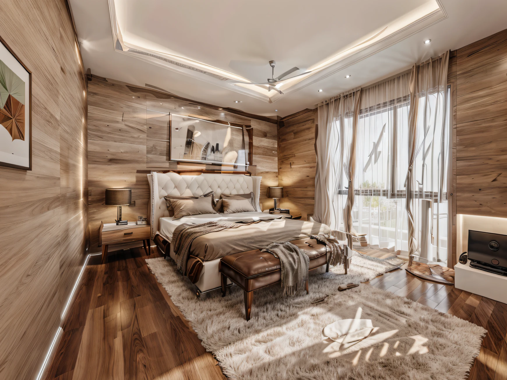 Modern interior style, leather headboard, 2-side night light, walnut wood floor, glass doors, 2-layer curtains, white recoil plasterboard ceiling with LED lights, true-to-life sharp quality images