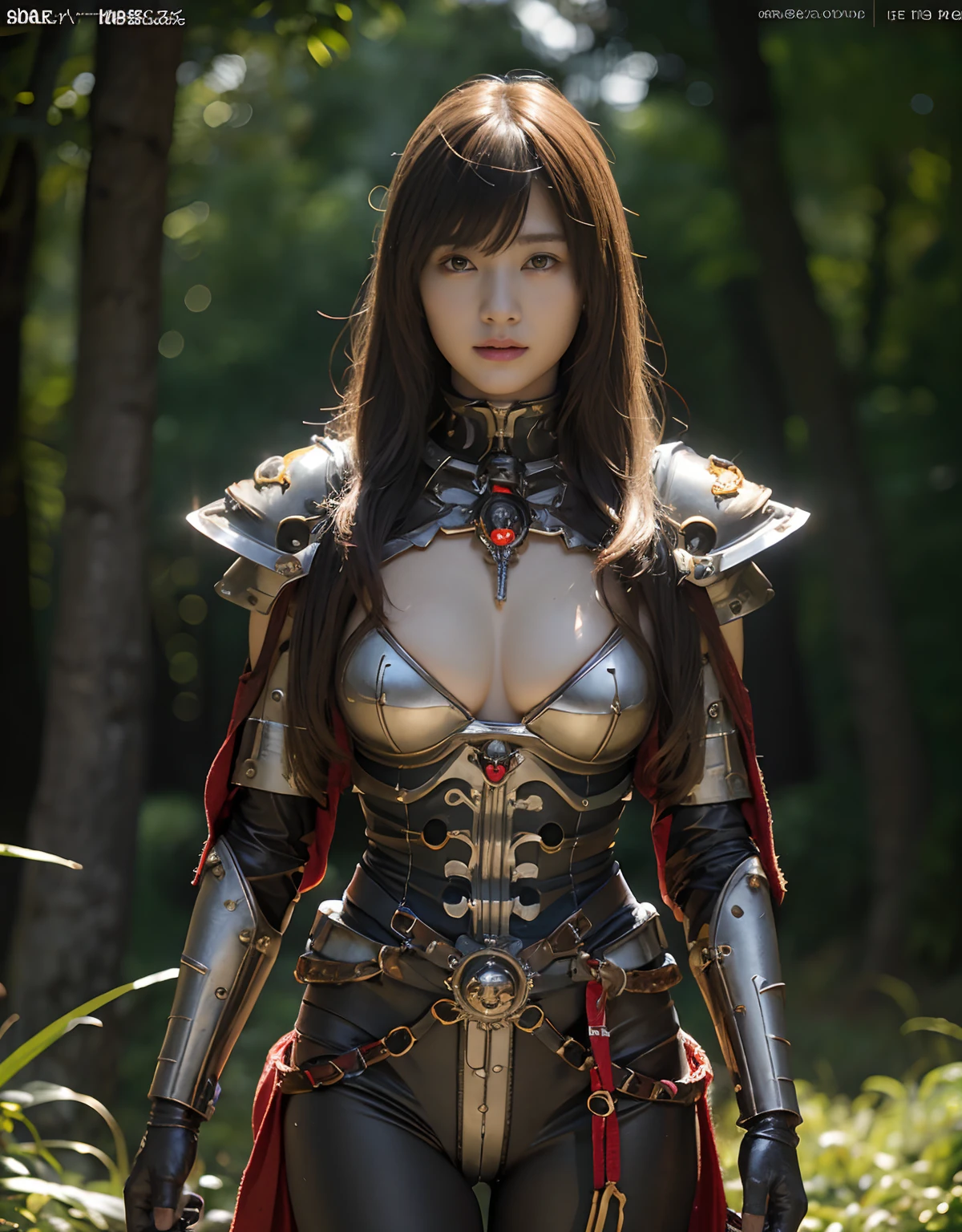 (1 Mechanical Girl)、top-quality、​masterpiece、超A high resolution、(Photorealsitic:1.4)、Raw photo、女の子1人、Golden hair、glowy skin、(((1 Mechanical Girl)))、With a beautiful knife、（Please wear a mechanical helmet）、(beautiful forest background)、Precipitous cliffs、(Small LED)、((super realistic details))、portlate、globalillumination、Shadow、octan render、8K、ultrasharp、Colossal tits、Raw skin is exposed in cleavage、metals、Details of complex ornaments、Japan details、highly intricate detail、Realistic light、CGSoation Trends、Red Eyes、radiant eyes、Facing the camera、neon details、(Mechanical limbs)、(blood vessels connected to tubes)、Mechanical vertebrae attached to the back、mechanical cervical attaching to neck、(Wires and cables connecting to the head)、Gundam、Small LED、,Mechanical thighs、Toostock、