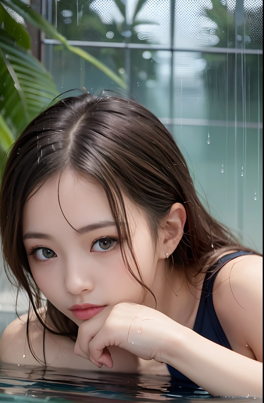 ​masterpiece、top-quality、Photorealsitic、girl with、japanes、A smile、Floating naked on the surface of the water、in front of crowd、portlate