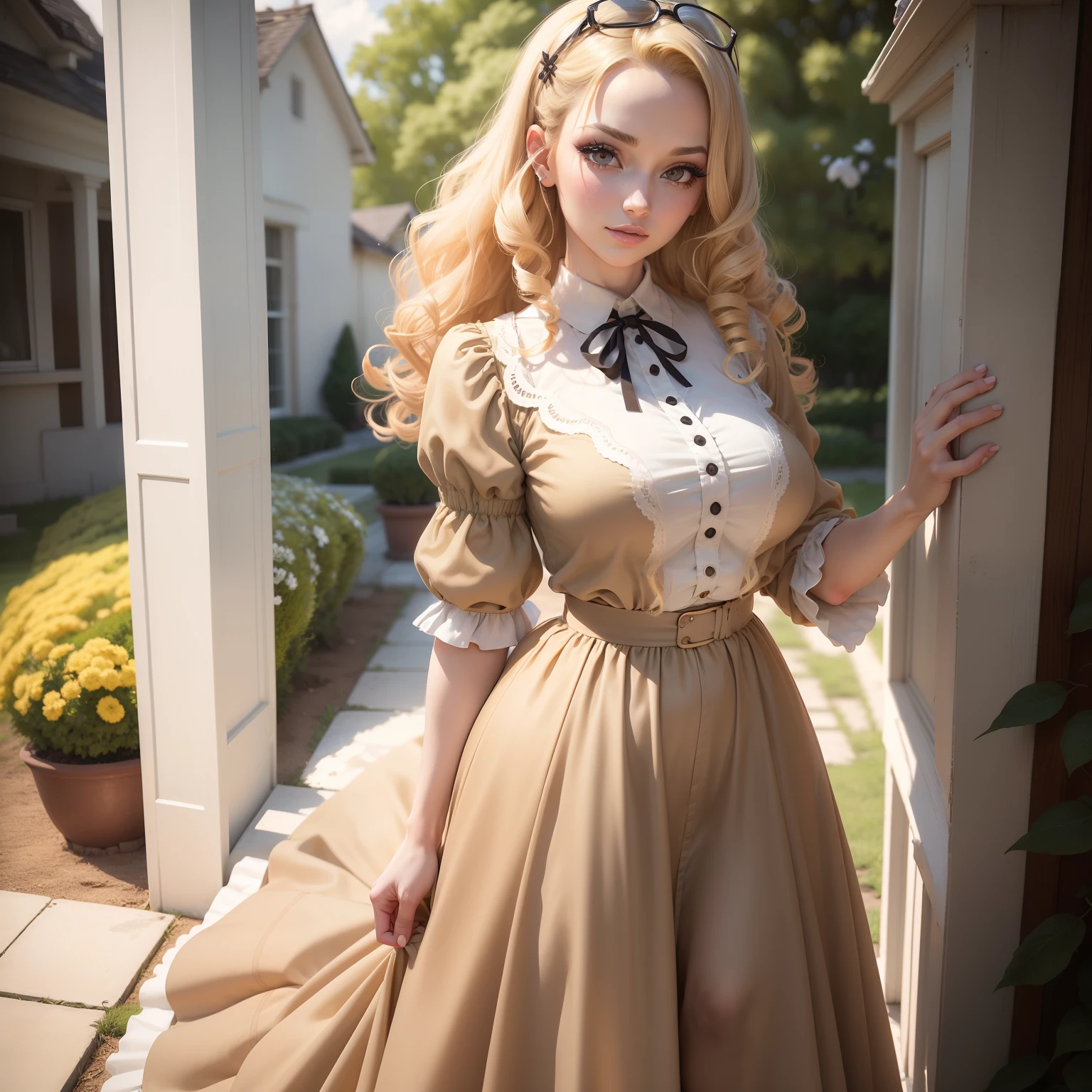 (masutepiece:1.2), (Best Quality:1.2), Full body portrait,Perfect eyes, Perfect face, Perfect Lighting, 1girl in, Mature woman in the field, medium blonde hair, Curly hair, detailed clothes, Detailed 1950s Living, makeup, eyeshadows, thick eyelashes, Fantasy, Looking at the viewer, spring,