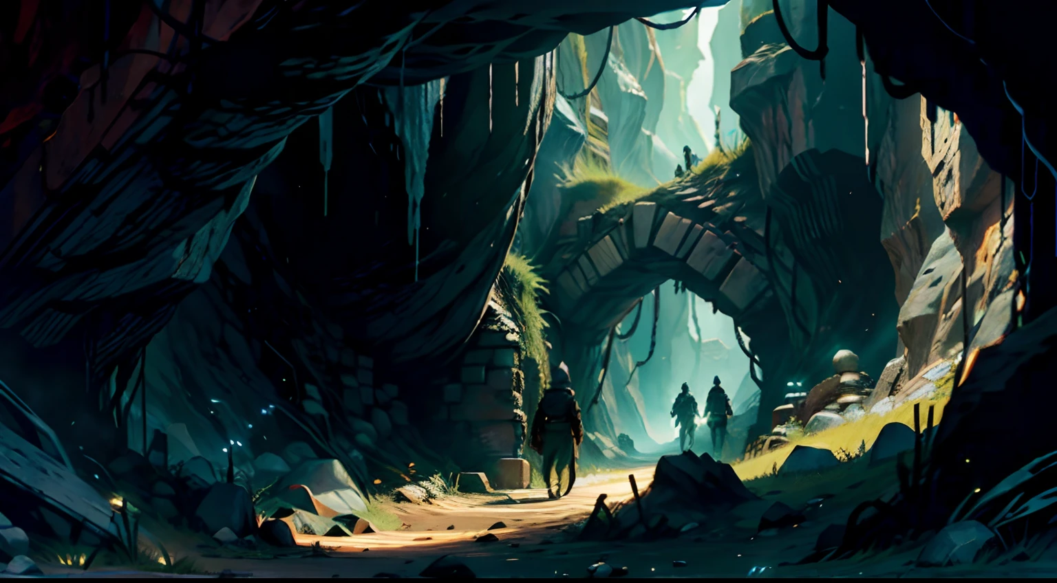Cave, fiolet ore at walls, black tunnel, dark place, fantasy mine, miner,