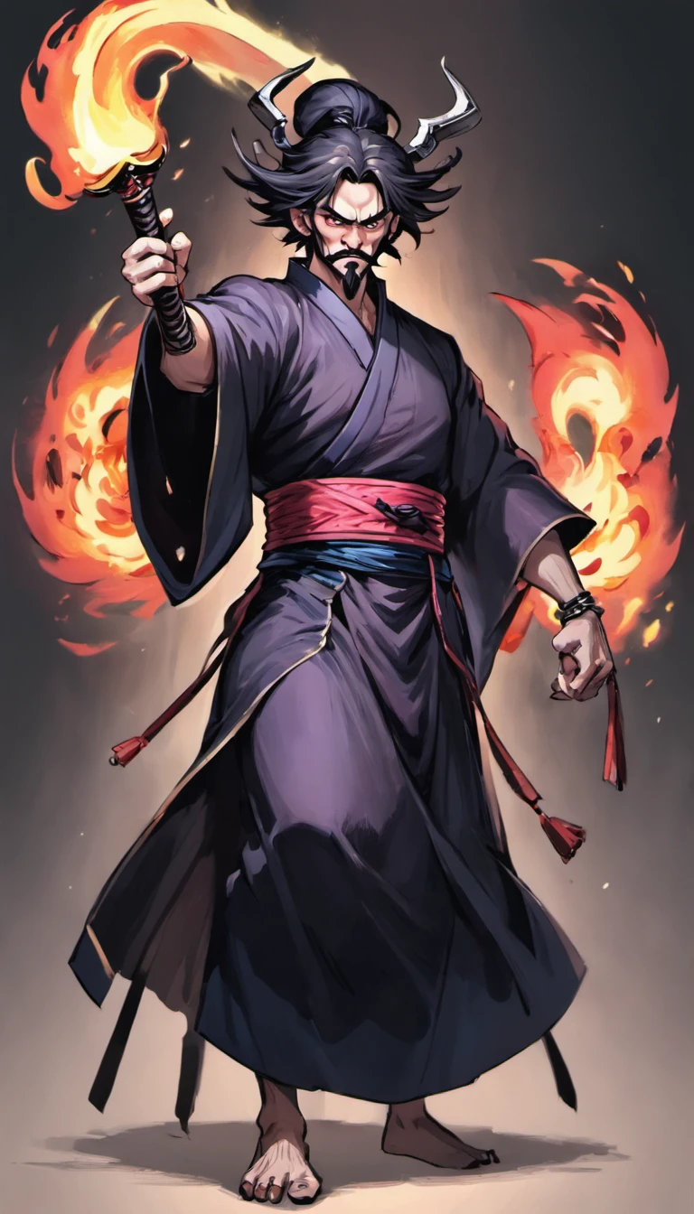 middle aged man, Evil painting style, A high resolution, Black color hair, Half is the body of a demon，Half a demon face, Chinese Warrior, Delicate three-dimensional blue flame demon face, sbeard, Wearing a hat, Expression of anger, Perfect body proportions, kaftan, Black and white robes, A scabbard hangs from his waist, Handsome, Full body view, standing on your feet, （White background：1.3）, swordsman, He held a long knife that was wide and heavy in his hand。。。。。。。。, Face the lens, （Blackn clothes：0.8）, High detail, Masterpiece, ccurate, Anatomically correct, Textured skin