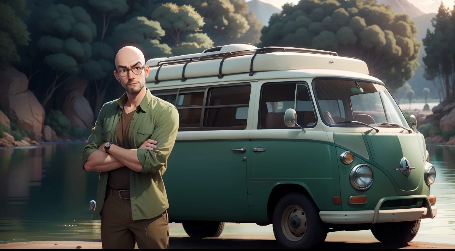 bald man wearing glasses with a brown shirt next to a green and white kombi van next to a river, pixar disney cartoon style