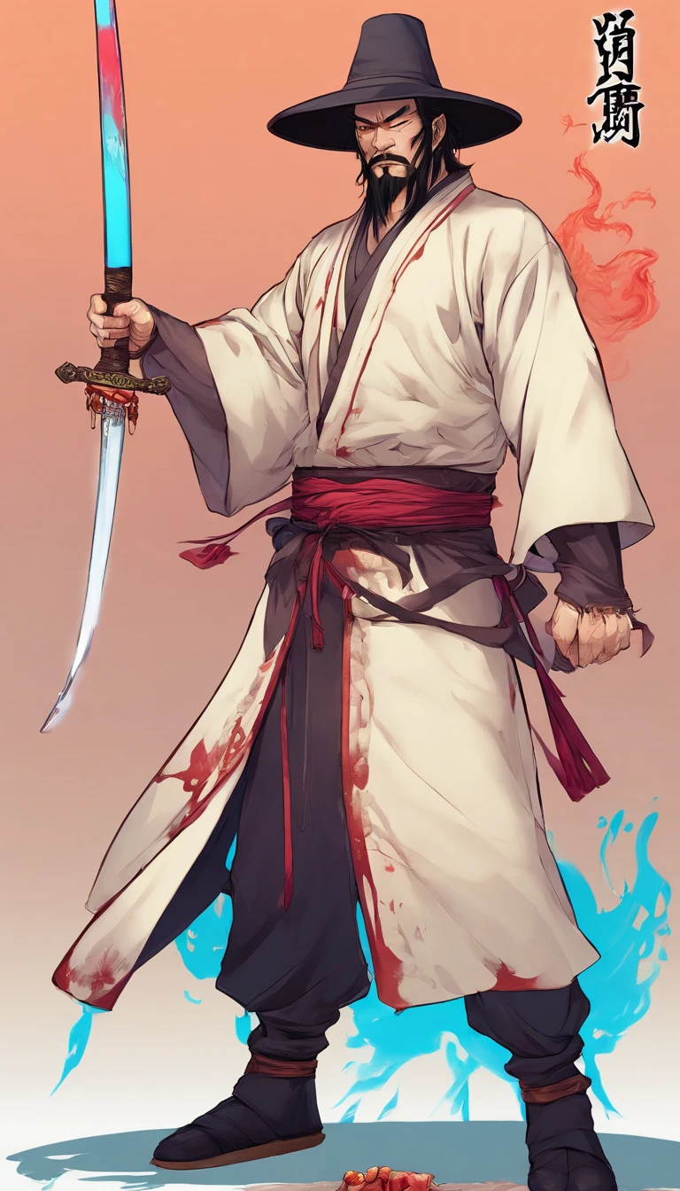 middle aged man, Evil painting style, A high resolution, Black color hair, Half is the body of a demon，Half a demon face, Chinese Warrior, Delicate three-dimensional blue flame demon face, sbeard, Wearing a hat, Expression of anger, Perfect body proportions, kaftan, Black and white robes, A scabbard hangs from his waist, Handsome, Full body view, standing on your feet, （White background：1.3）, swordsman, He held a long knife that was wide and heavy in his hand。。。。。。。。。。。, Face the lens, （Blackn clothes：0.8）, High detail, Masterpiece, ccurate, Anatomically correct, Textured skin