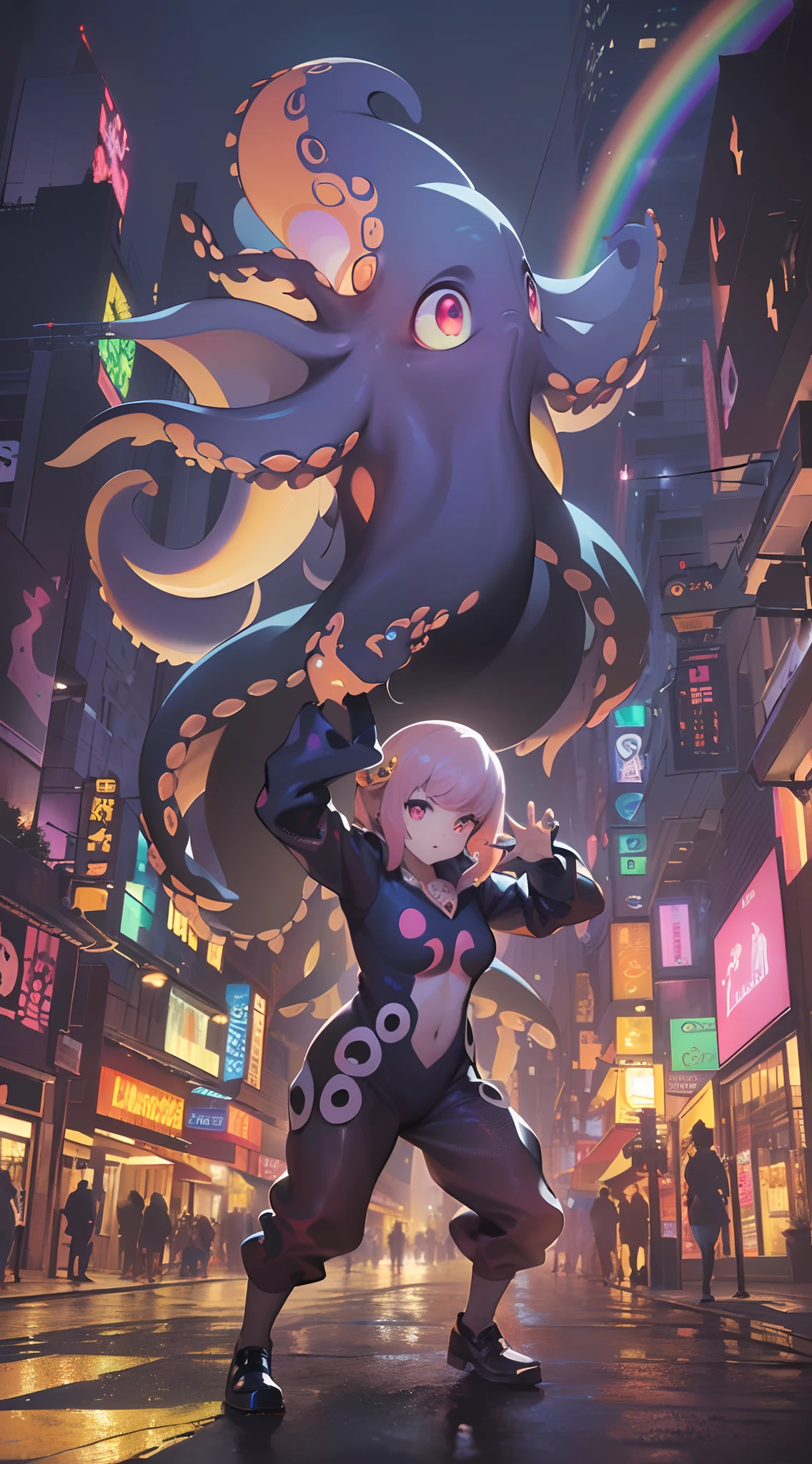 (Dynamic Angle:1.4), ((Full body posing:1.5), (Colorful:1.2), (Highly detailed CG Unity 16K wallpaper:1.1), (Denoising strength: 1.45), (tmasterpiece:1.37), ((Official art)), of the highest quality, (Realistic), Deformed Character, (Short-cut hair:1.2),(Octopus costume:1.5),Red hair,Glowing eyes,(nice eyes:1.2),((Poses in motion:1.4)),((Octopus costume:1.3)),wires, (LED:1.3), (a hologram:1.2), futuristic city street, Neon light, Skyscrapers, (Night:1.2), (Rainbow Model:1.2), 8K resolution, (Anime style:1.3), Cinematic lighting, chromatic abberation, spark of light, Ray tracing, blending, ultra wide-angle, Hasselblad, (masutepiece), (masutepiece), ((Best Quality)), ((masutepiece)), nffsw