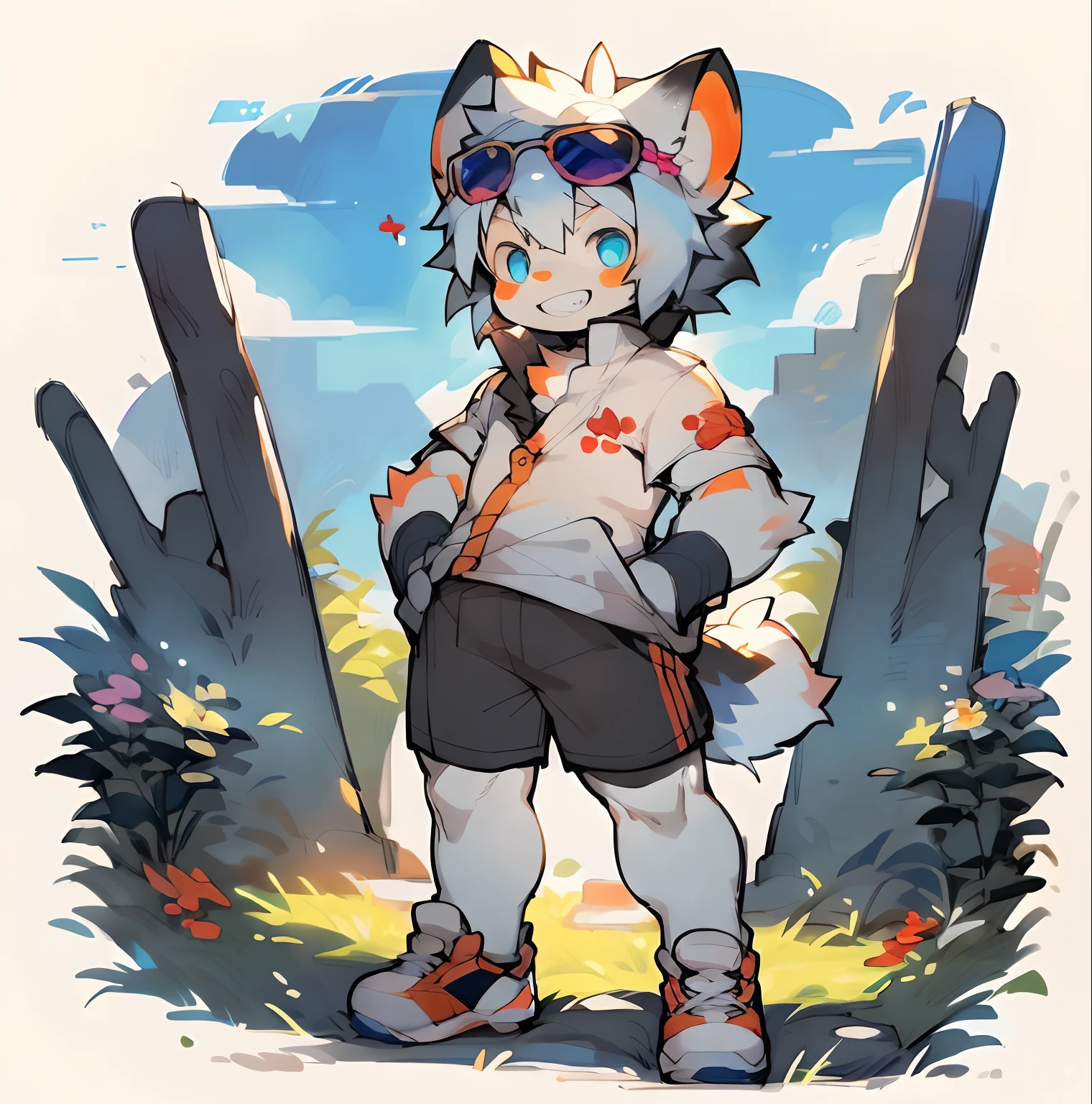 (Yangxing environment:0.8),Masterpiece,High quality,abstract res,Digital painting\(artwork of a\),(anthro,Fluffy fur,Character focus:1.1),anthro male cat,Short hair,Portrait , eyes with brightness, in a panoramic view, Character focus.(detailedbackground:0.7), 独奏, grin,shaggy, shaggy male, malefocus, anthr,(Full Body Furry, Fluffy tail ,Blue pupil,Silver shiny hair,Wear sunglasses,Hair fluttering in the wind,Wearing a white coat with kittens printed on it,Black shorts(There are claw-shaped imprints),Orange with white sneakers,Put your hands in your pockets,scenery:the woods,Flowers,(by puinkey,by Artista:1.2),(by unrealplace,by kuroisumi,by milkytiger1145,by moki,by emolga 1,by ovopack:1.2),(by cydonia xia:0.8),(by Pino Daeni:0.8),(by hioshiru:0.8),(by chunie:0.8).