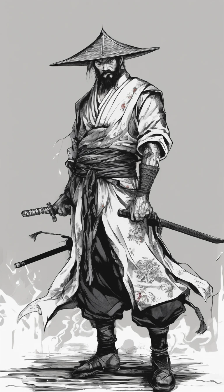 middle aged man, Evil painting style, A high resolution, Black color hair, Half is the body of a demon,Half a demon face, Chinese Warrior, Delicate three-dimensional blue flame demon face, sbeard, Wearing a hat, Expression of anger, Perfect body proportions, kaftan, Black and white robes, A scabbard hangs from his waist, Handsome, Full body view, standing on your feet, (White background:1.3), swordsman, He held a long knife that was wide and heavy in his hand。。。。。。。。。, Face the lens, (Blackn clothes:0.8), High detail, Masterpiece, ccurate, Anatomically correct, Textured skin