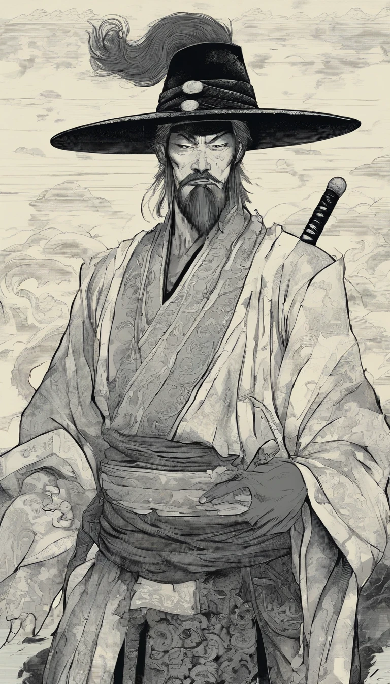 middle aged man, Evil painting style, A high resolution, Black color hair, Half is the body of a demon,Half a demon face, Chinese Warrior, Delicate three-dimensional blue flame demon face, sbeard, Wearing a hat, Expression of anger, Perfect body proportions, kaftan, Black and white robes, A scabbard hangs from his waist, Handsome, Full body view, standing on your feet, (White background:1.3), swordsman, He held a long knife that was wide and heavy in his hand。。。。。。。。。, Face the lens, (Blackn clothes:0.8), High detail, Masterpiece, ccurate, Anatomically correct, Textured skin
