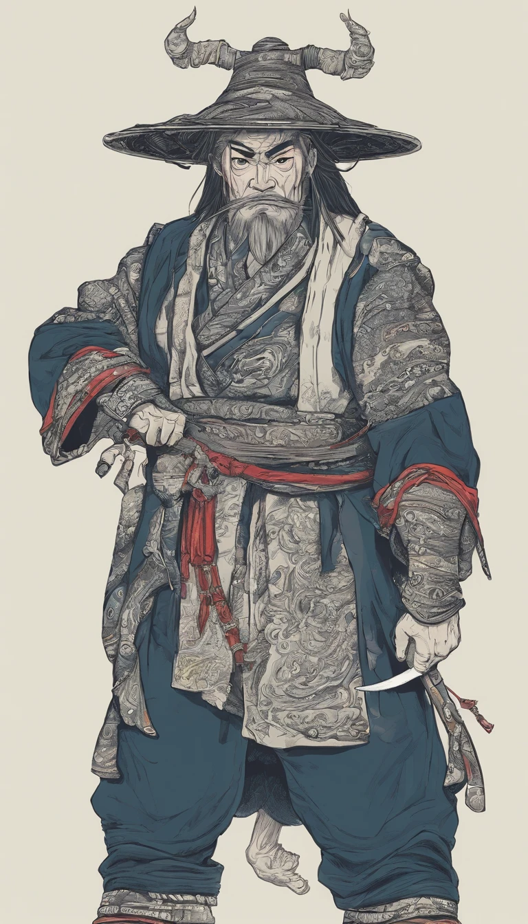 middle aged man, Evil painting style, A high resolution, Black color hair, Half is the body of a demon，Half a demon face, Chinese Warrior, Delicate three-dimensional blue flame demon face, sbeard, Wearing a hat, Expression of anger, Perfect body proportions, kaftan, Black and white robes, A scabbard hangs from his waist, Handsome, Full body view, standing on your feet, （White background：1.3）, swordsman, He held a long knife that was wide and heavy in his hand。。。。。。。。。, Face the lens, （Blackn clothes：0.8）, High detail, Masterpiece, ccurate, Anatomically correct, Textured skin