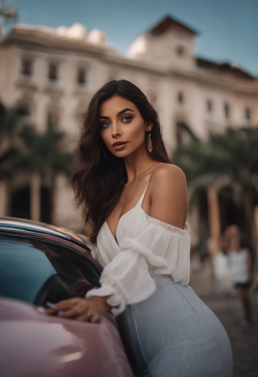 arafed woman with nice attractive sexy clothes, sexy girl with brown eyes, portrait sophie mudd, black hair and large eyes, selfie of a young woman, violet myers, with makeup, natural makeup, looking away from the camera, face with artgram, subtle makeup, stunning upper body shot, in dominican city with beautiful background the buildings , cleavage , show the cars and the people, taking selfie