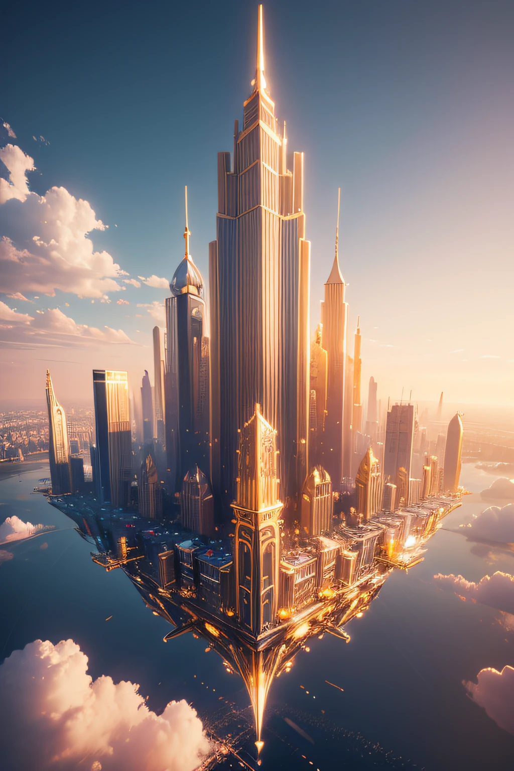 /Imagine gold city, front vision, floating in the sky, 3d, ultrarealistic, hd,8k