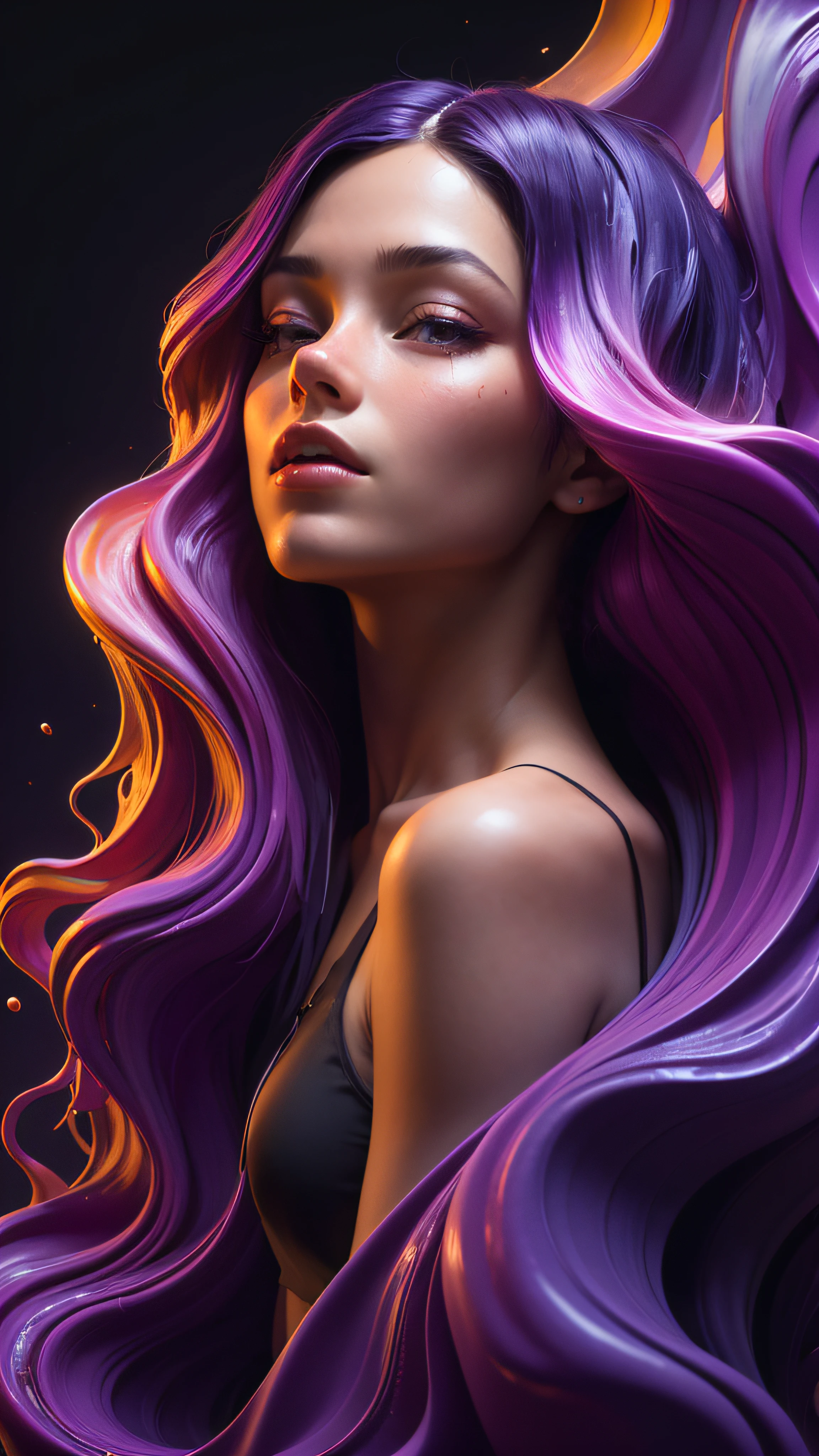 professional 3d model A beautiful girl is surrounded by colorful paint, purple hair, liquid wave, Layered style, soft curved, black background, perfect face . octane render, highly detailed, volumetric, dramatic lighting