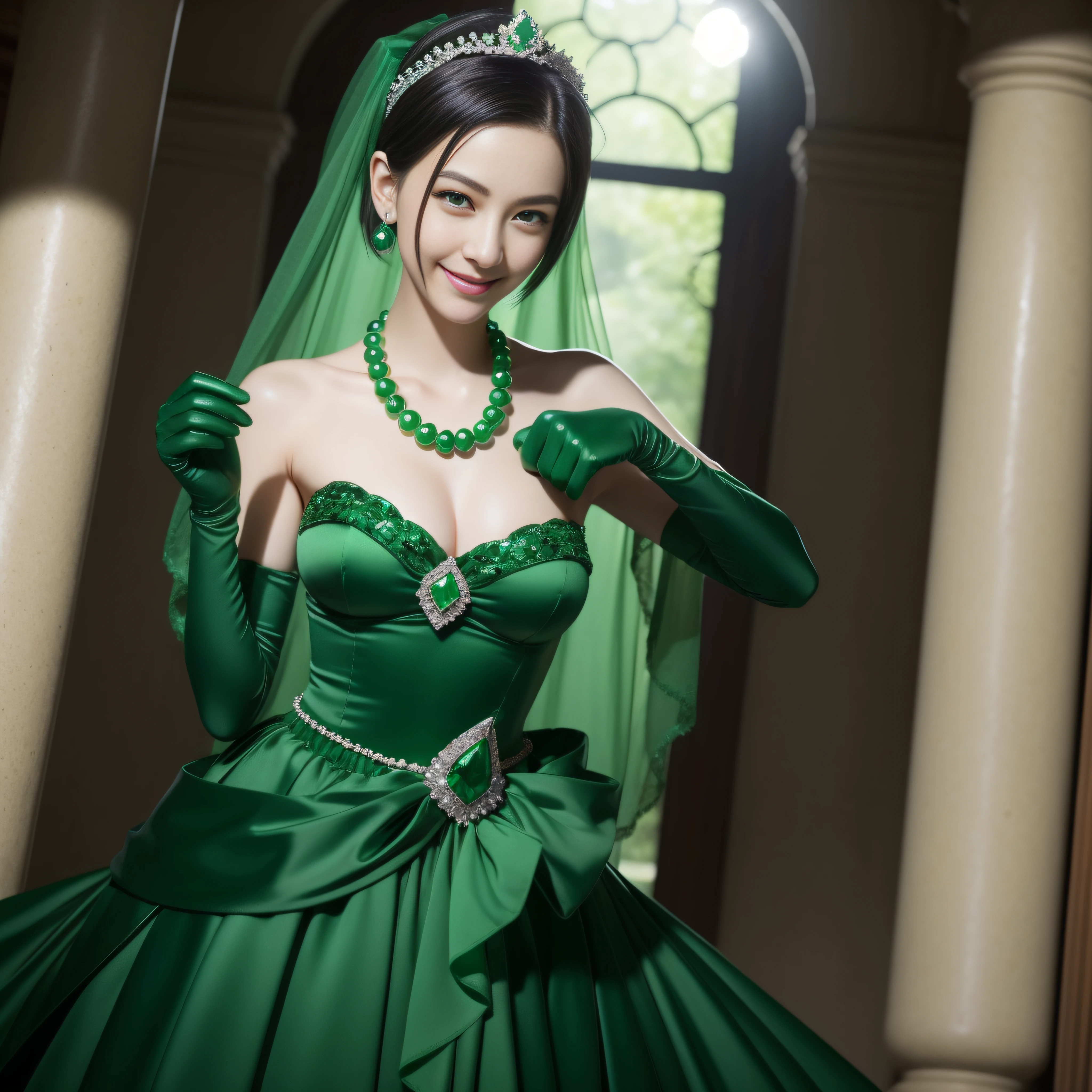 emerald tiara, Green Pearl Necklace, Boyish very short black hair, lipsticks, Japan woman smiling, very very short green hair, big breasts beautiful, Green eyes, Long green gloves made of satin material, Green eyes