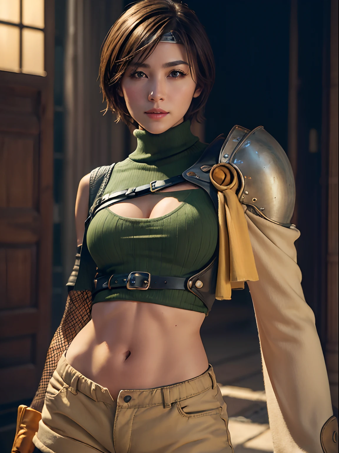 (masterpiece, best quality:1.4), (future days), (standing:1.5), (full body), (from front), (1girl), solo, (european youth:1), 1girl, short hair, headband navel, sleeveless, turtleneck, brown eyes, sleeveless turtleneck, solo, breasts, looking at viewer, sexy smile, gloves, crop top, brown hair, shorts, midriff, armor, sweater, open fly, fingerless gloves, ribbed sweater, medium breasts, yufi_kisaragi_01, girlhyperrealistic, high detailed skin, dslr, soft lighting, high quality, highly detailed face, highly detailed skin, skin pores, subsurface scattering, realistic pupils, medium breast, full face blush, full lips, detailed background, depth of field, volumetric lighting, sharp focus, absurdres, realistic proportions, good anatomy, (realistic, hyperrealistic:1.4), 16k hdr,