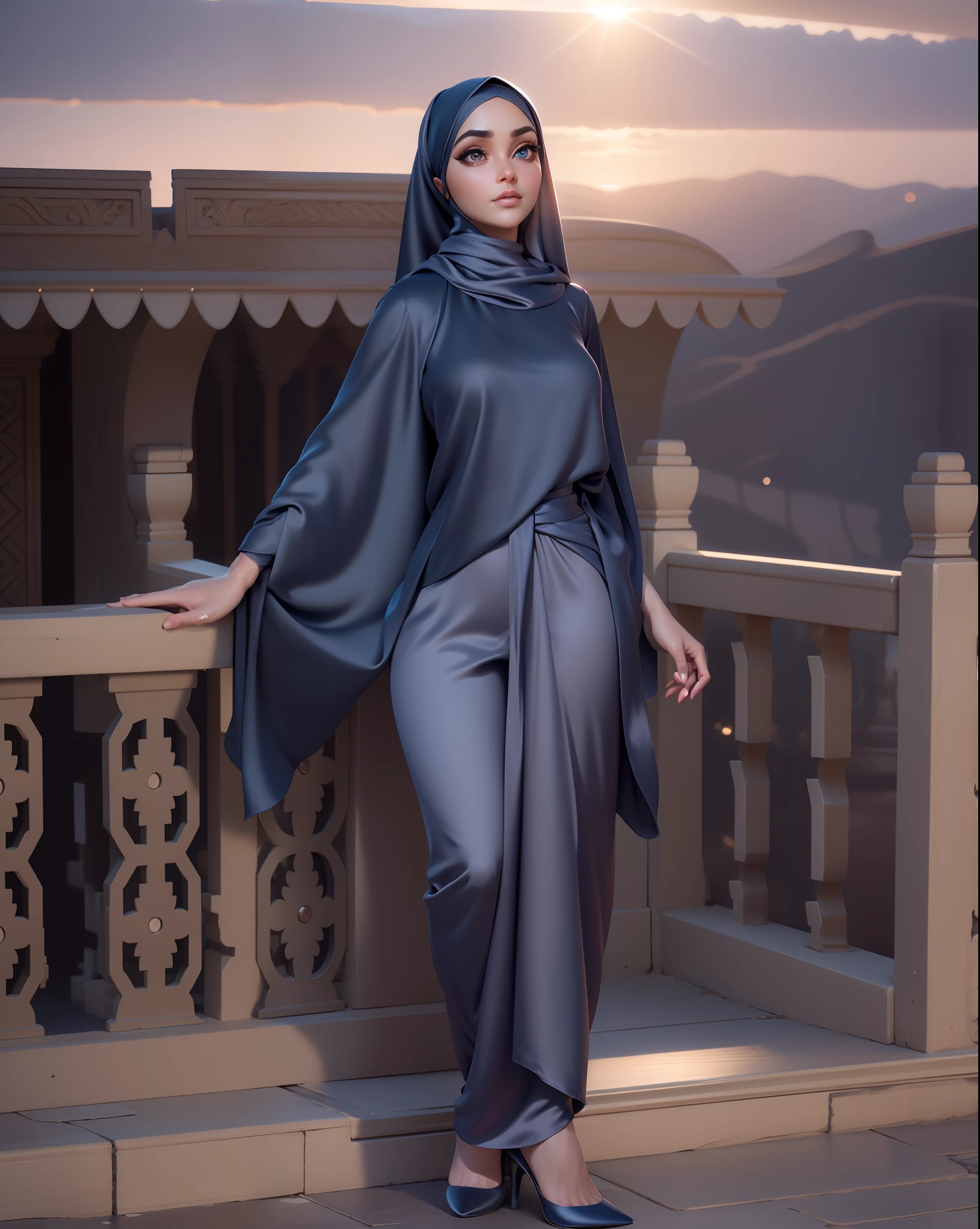 3dmm style, Masterpiece, best quality, photography, detailed skin, realistic, photo-realistic, 3D Character Design, pixar, real cartoon, 8k, highly detailed, full length frame, High detail RAW color art, diffused soft lighting, shallow depth of field, sharp focus, hyperrealism, cinematic lighting, ((close up)) hijab, a woman, beautifully makeup, brown beautiful big eyes, long eye lashes, wearing (Dark blue satin hijab), loosely tide hijab style,((gray satin shirt)), palazzo pants