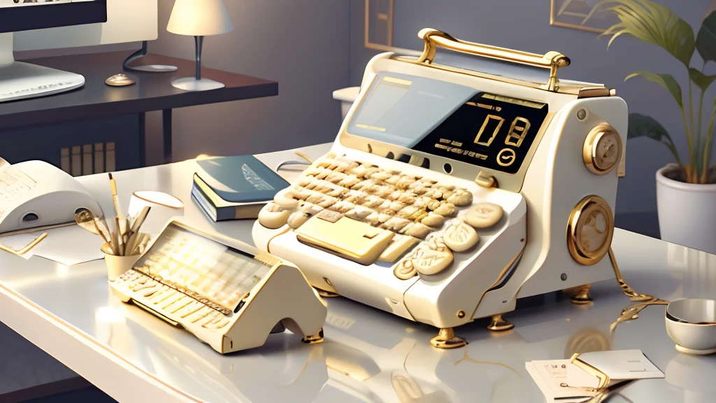 Ivory Gold AI calculator on table,There are a lot of coins next to it