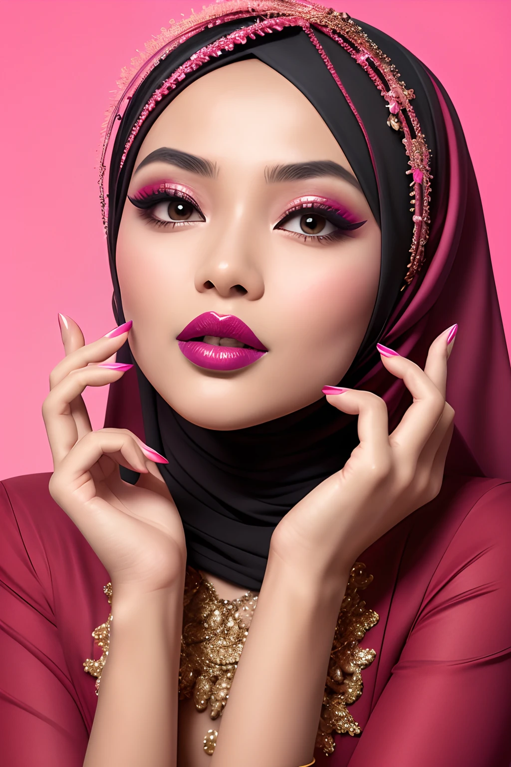 Create a whimsical advertisement that envisions a Malay girl in hijab as a lipstick magician, playfully transforming her lips with vibrant shades and surprising twists, leaving viewers enchanted by the product's versatility