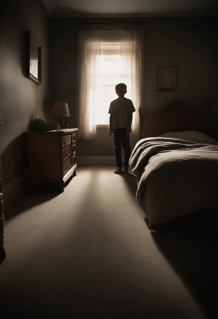 Scene, a terrifying moment with a young boy waking up in sheer terror, dimly lit bedroom, eerie shadows, and a ghostly figure at the foot of his bed,